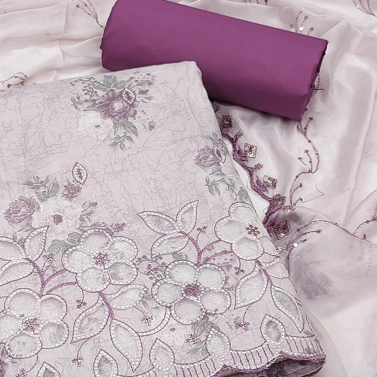 Purple Floral Cambric Cotton Dress Material With Elegant Embroidery Work - Image 2