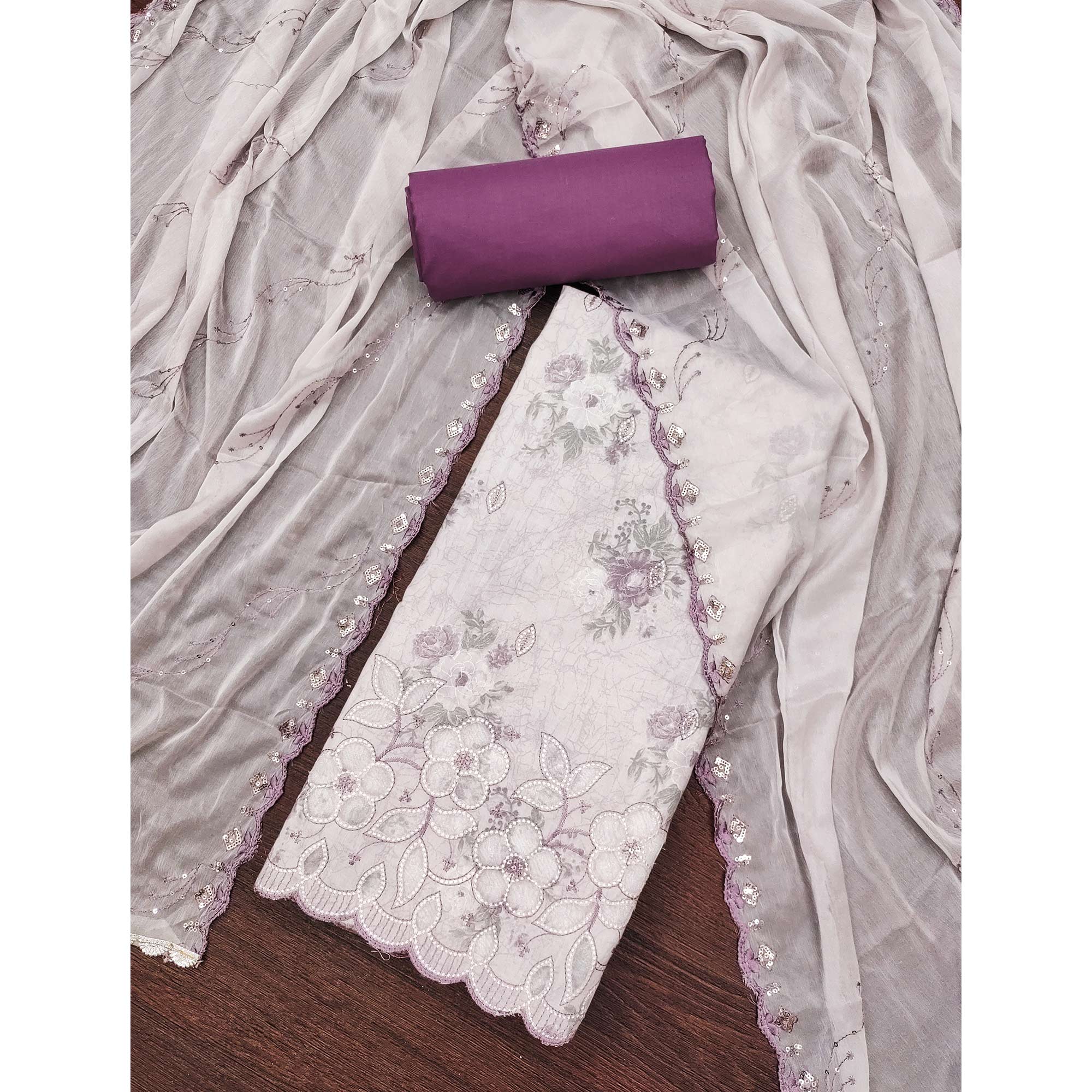 Purple Floral Cambric Cotton Dress Material With Elegant Embroidery Work - Image 3