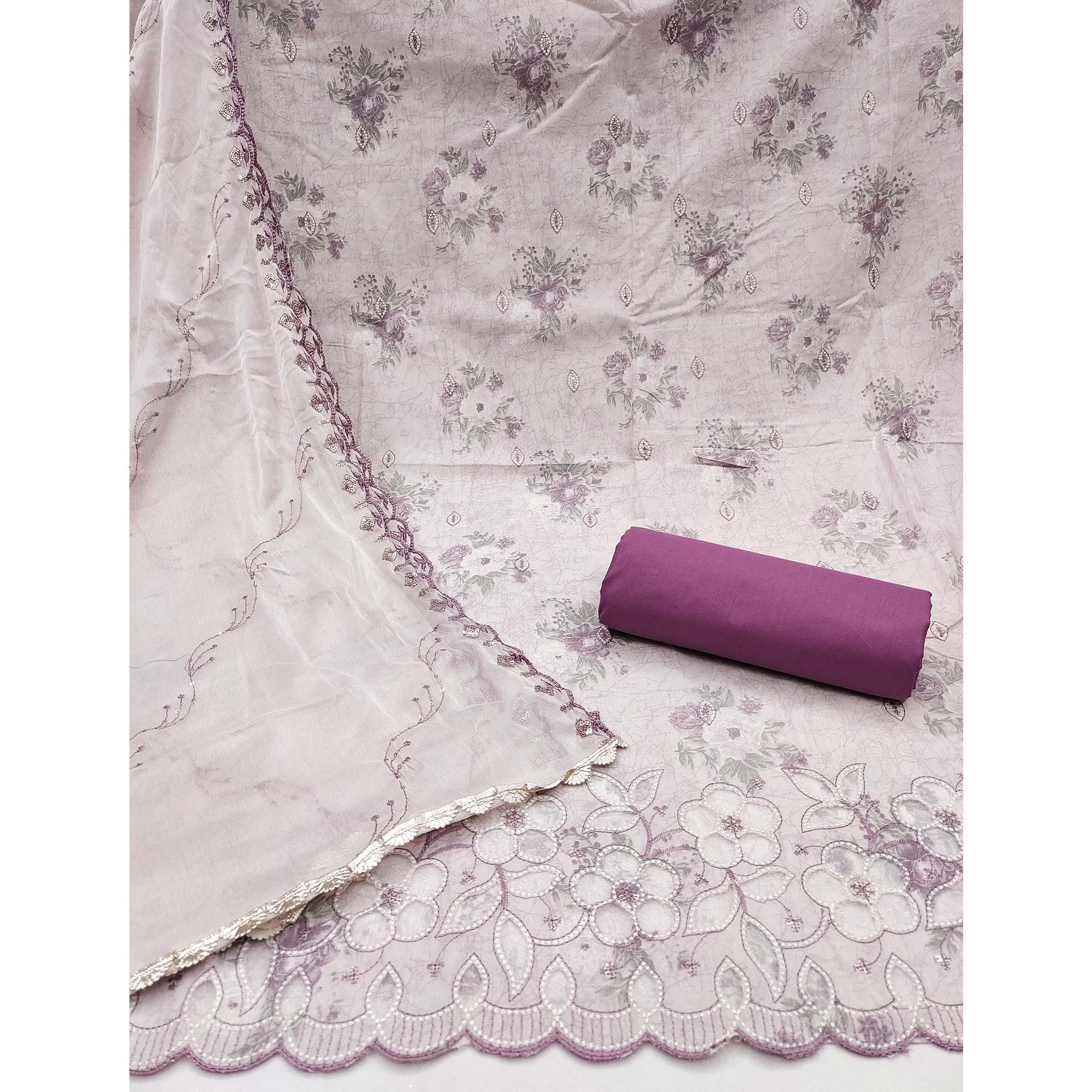 Purple Floral Cambric Cotton Dress Material With Elegant Embroidery Work - Image 4