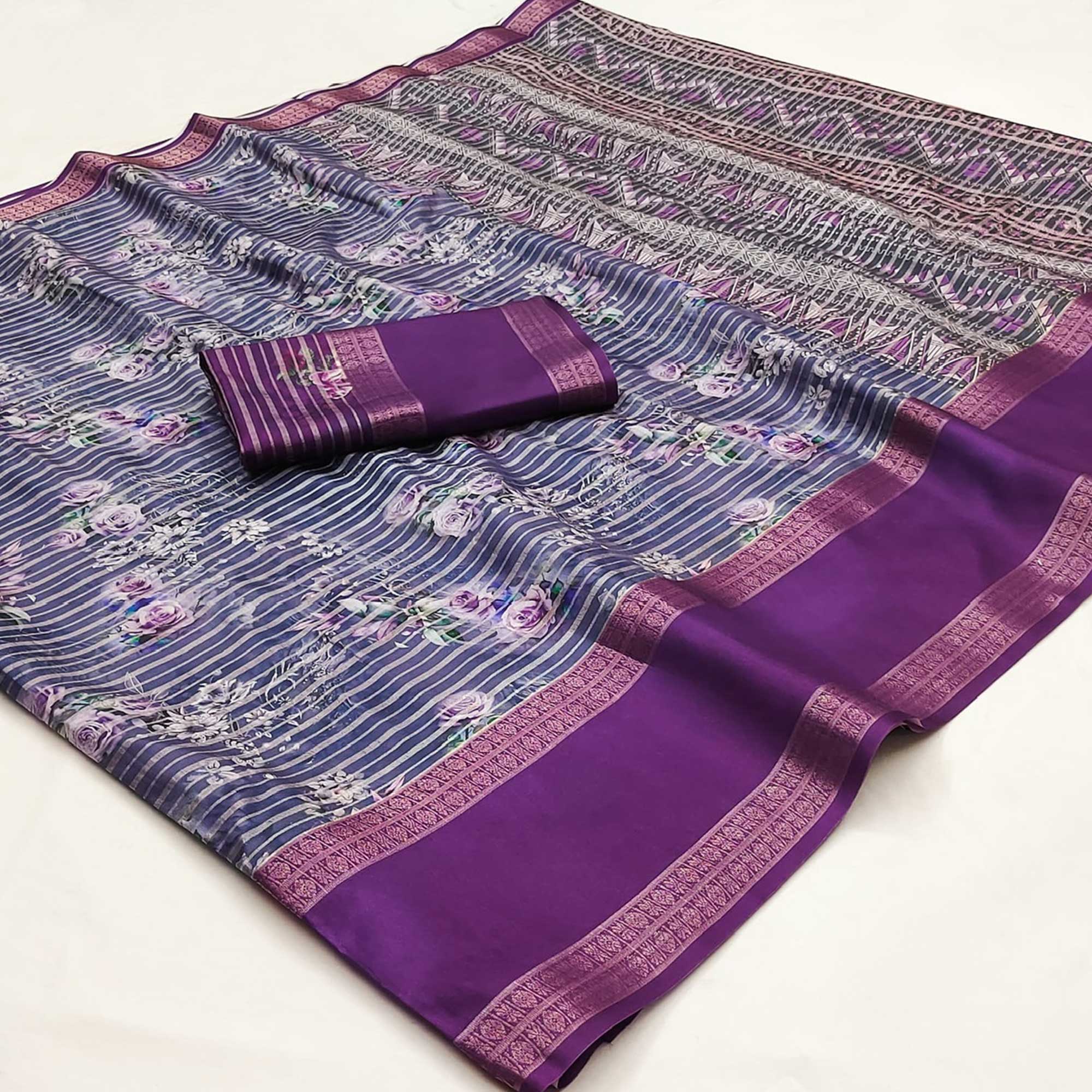 Purple Floral Digital Printed Cotton Silk Saree - Image 3