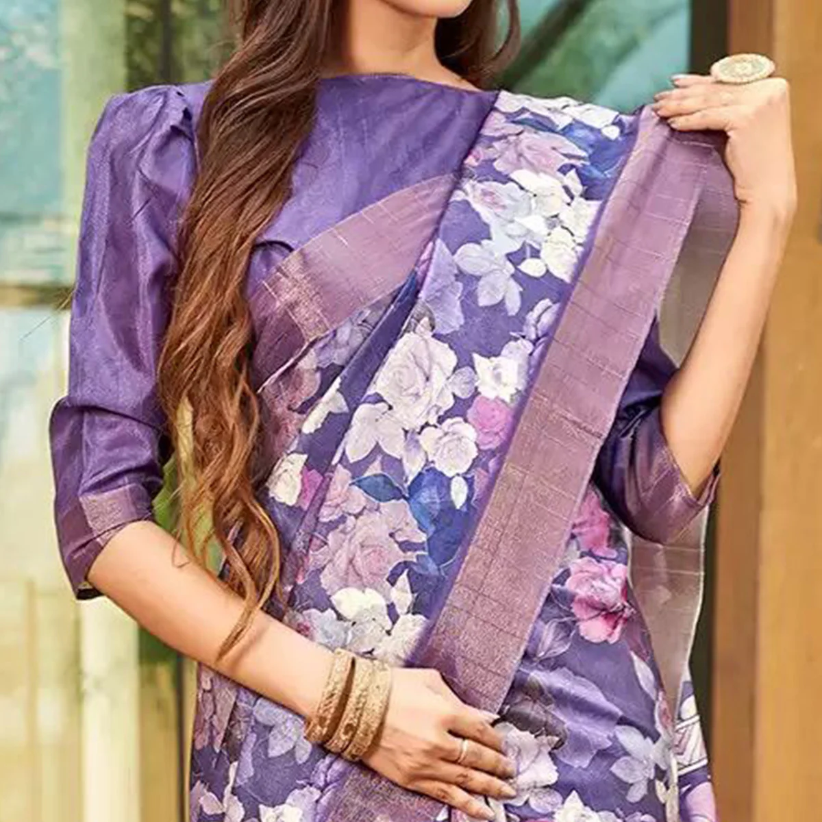 Purple Floral Digital Printed Tussar Silk Saree - Image 3
