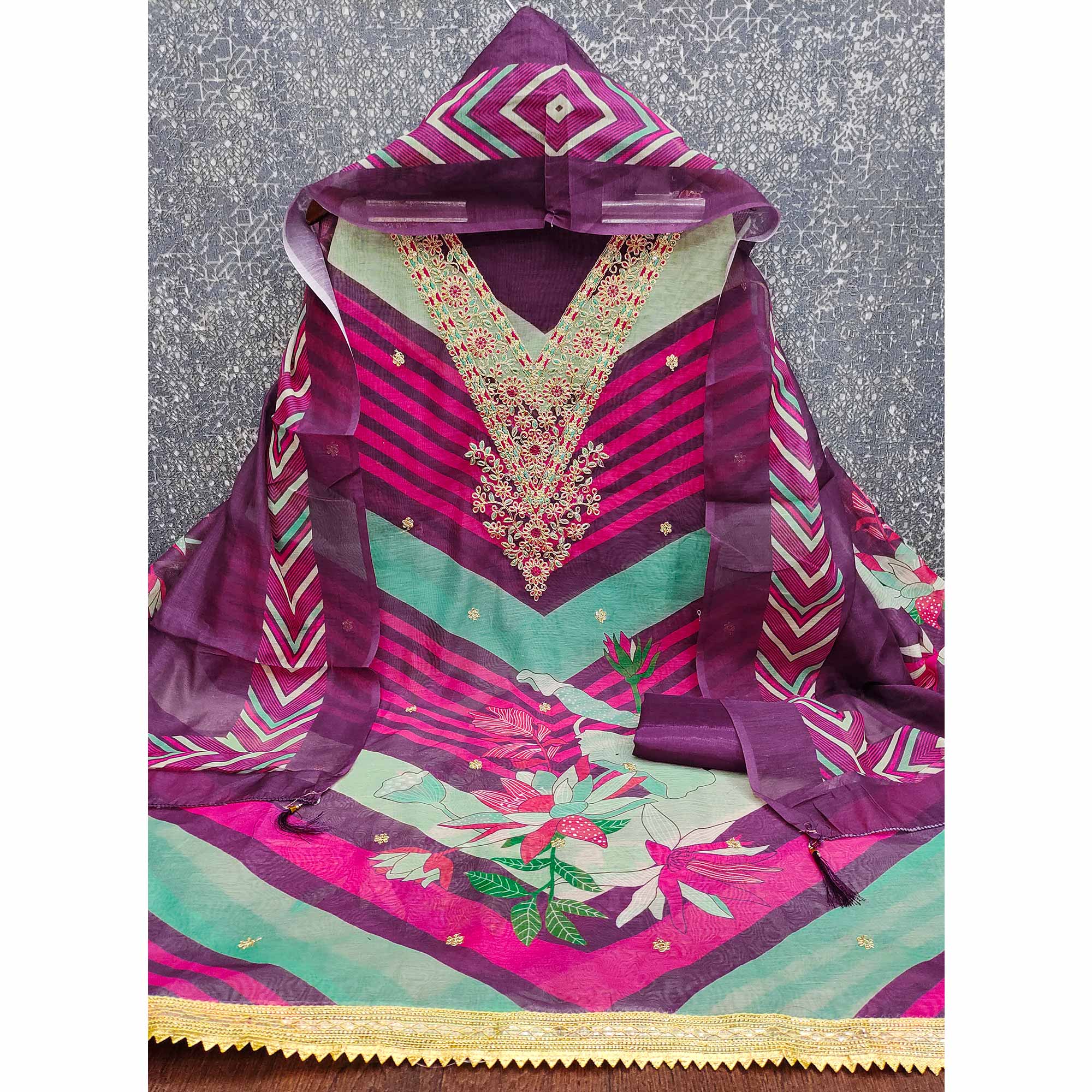 Purple Floral Digital Printed With Cording Embroidered Vichitra Silk Dress Material - Image 4