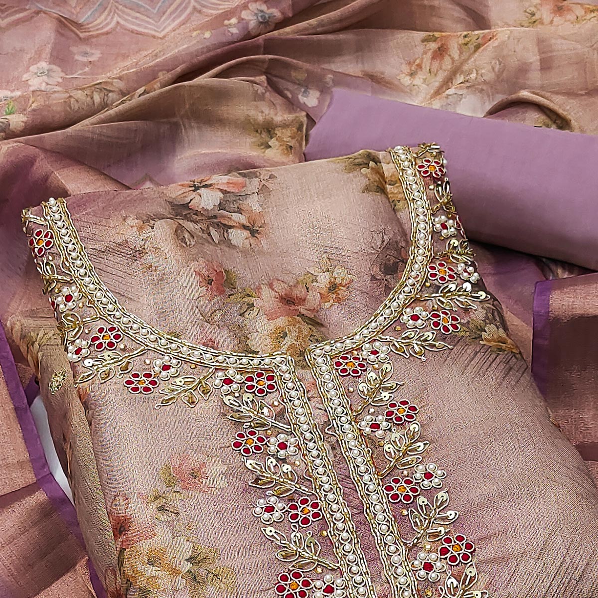 Purple Floral Digital Printed With Handwork Viscose Dress Material - Image 2