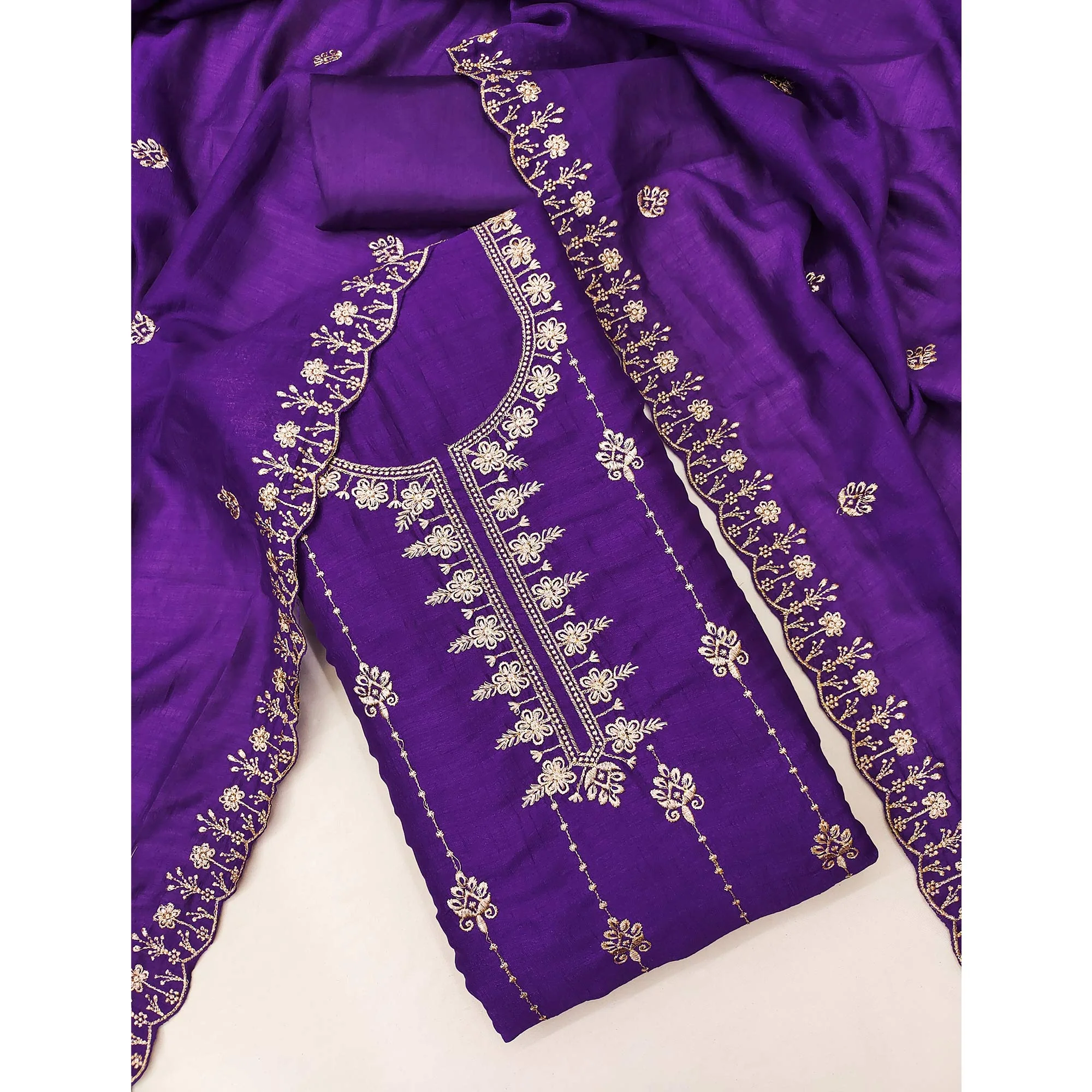 Purple Floral Elegance Zari Embroidered Vichitra Silk Dress Material - Image 3