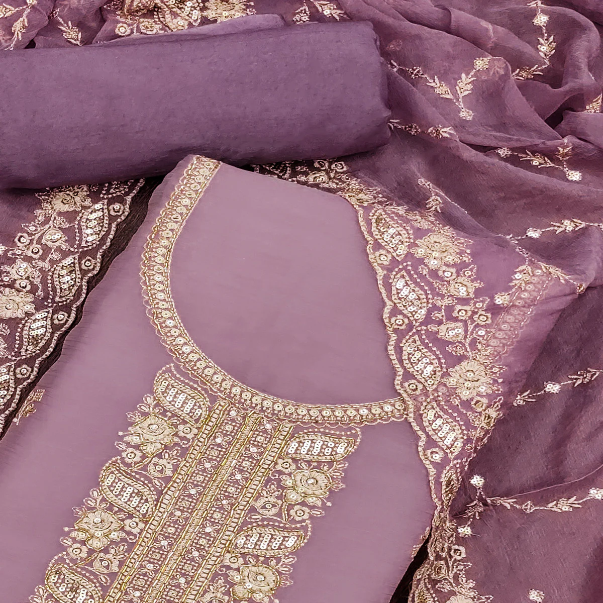 Purple Floral Embroidered Chiffon Dress Material - Image 2