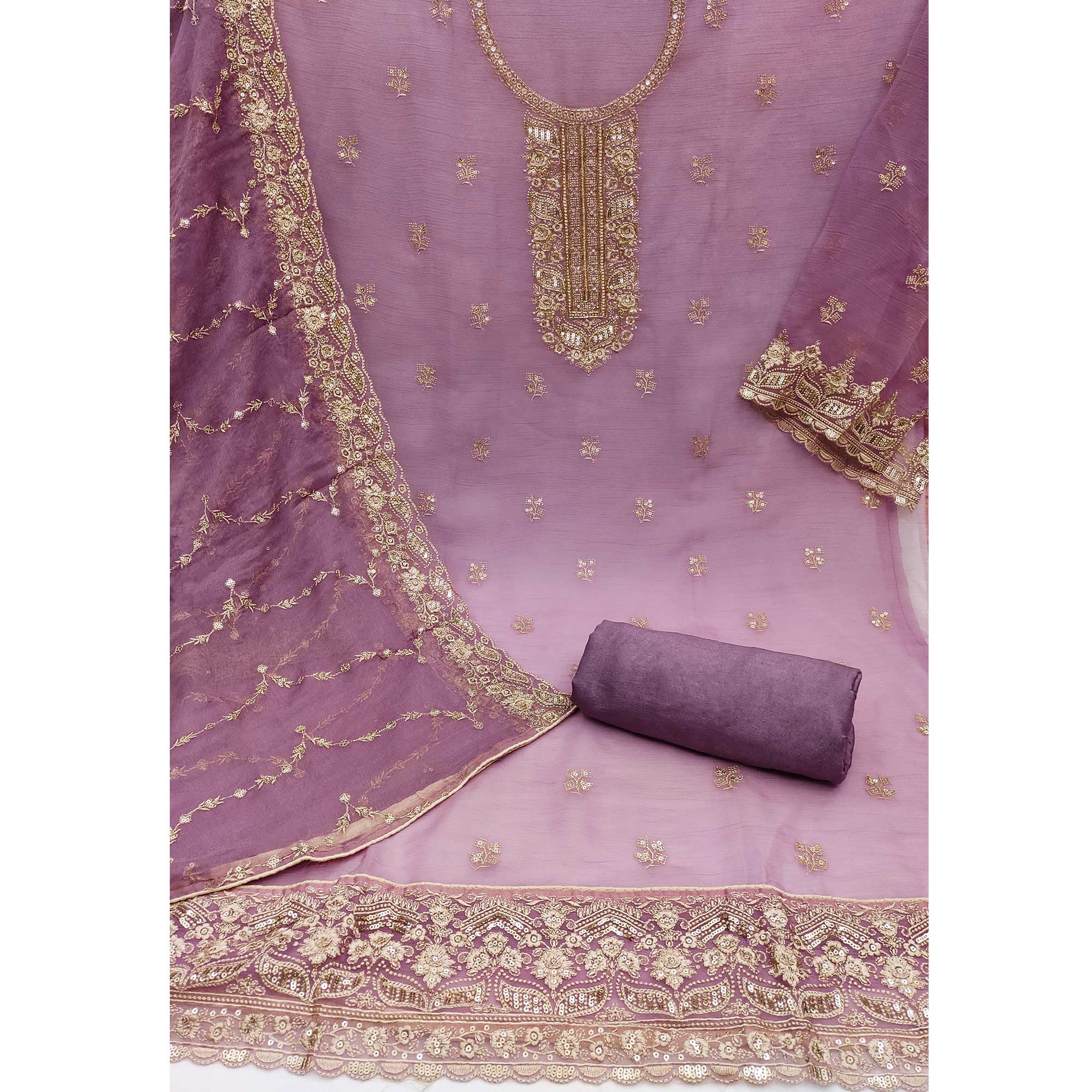 Purple Floral Embroidered Chiffon Dress Material - Image 3