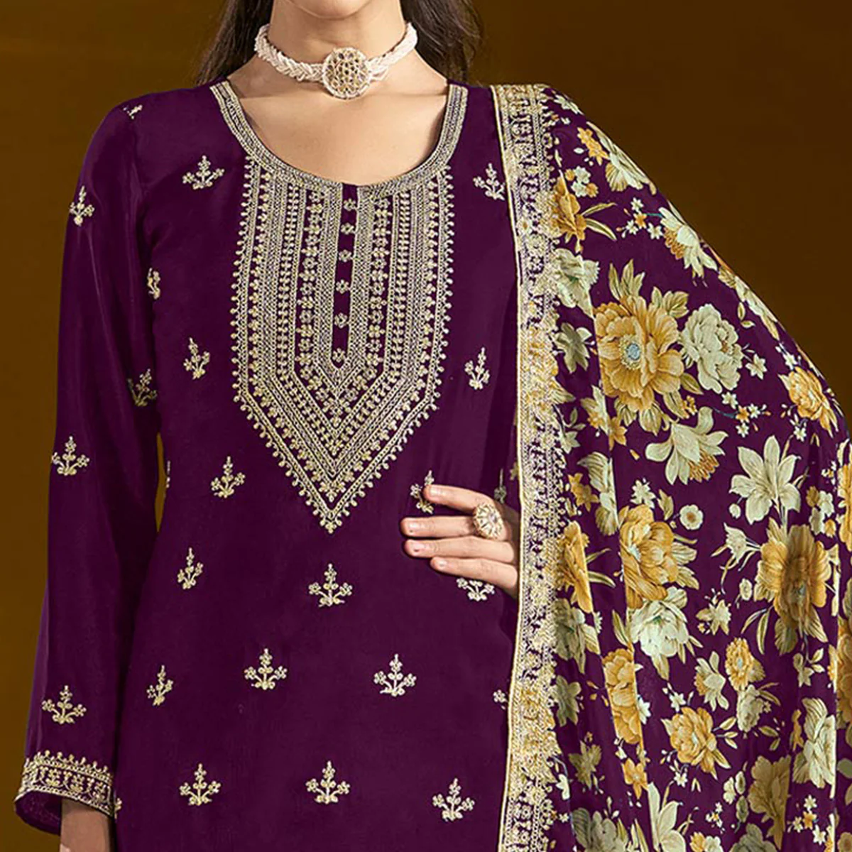 Purple Floral Embroidered Chinon Semi Stitched Salwar Suit - Image 3