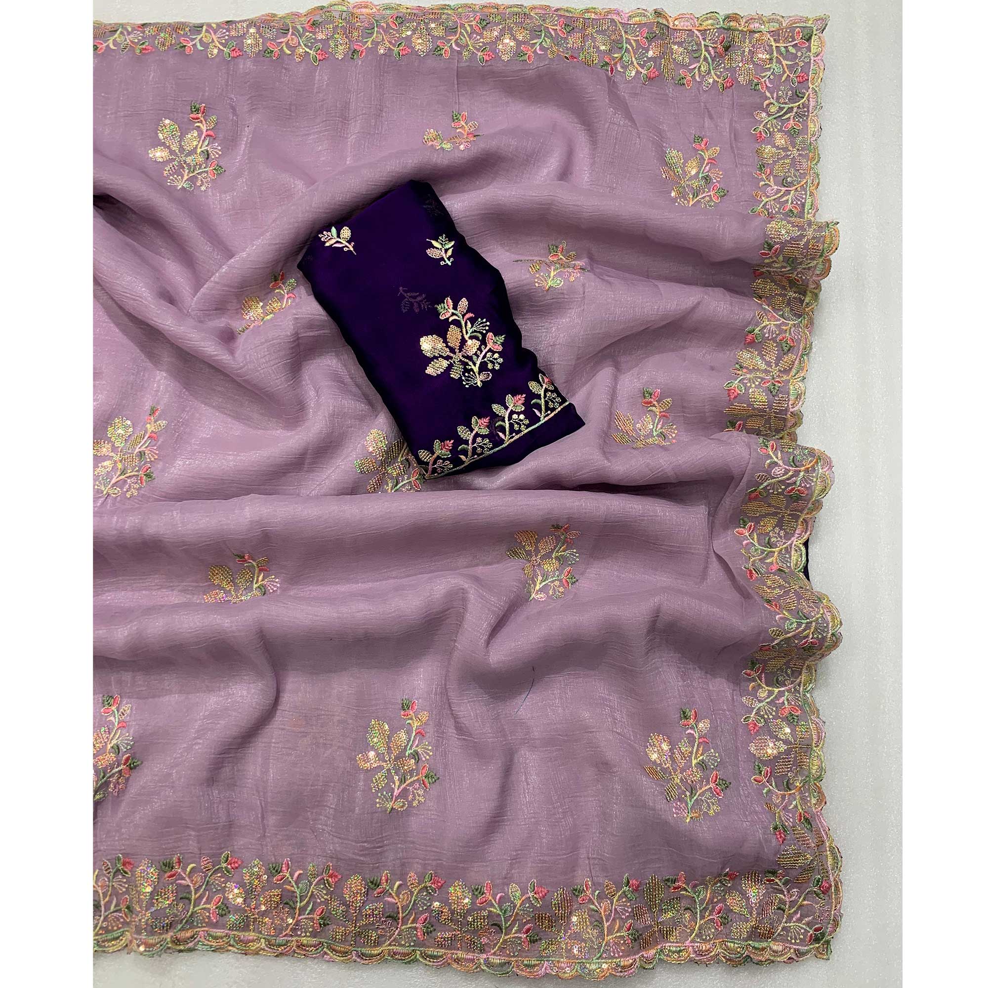 Purple Floral Embroidered Crunchy Chiffon Saree - Image 3