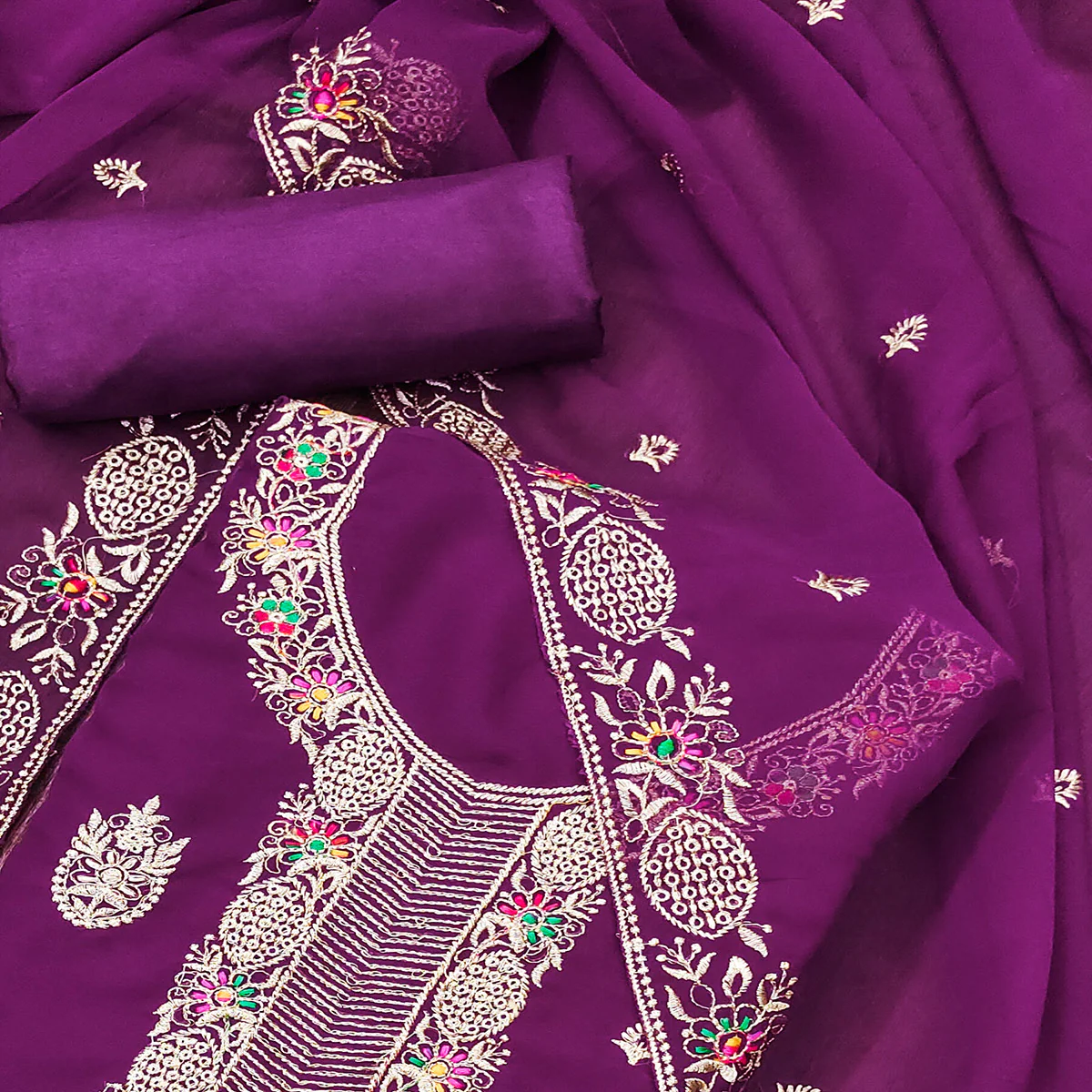 Purple Floral Embroidered Georgette Dress Material - Image 2