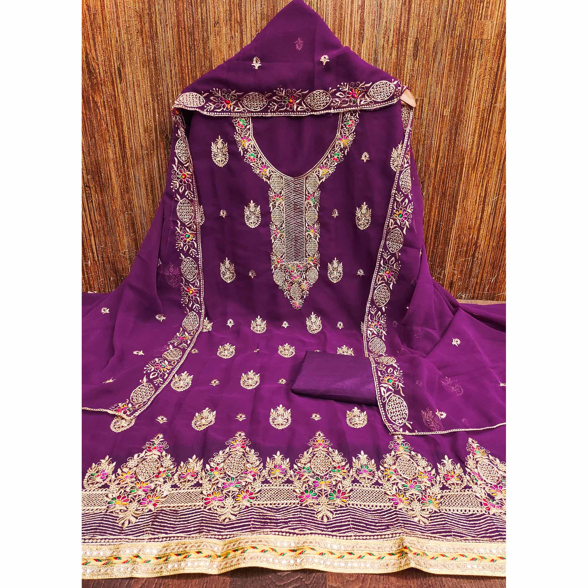 Purple Floral Embroidered Georgette Dress Material - Image 3