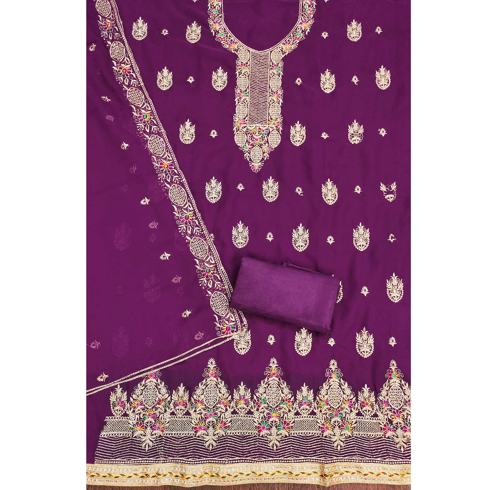 Purple Floral Embroidered Georgette Dress Material - Image 4