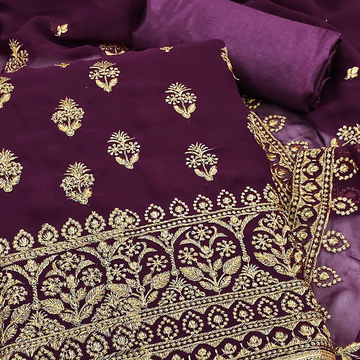 Purple Floral Embroidered Georgette Dress Material - Image 2