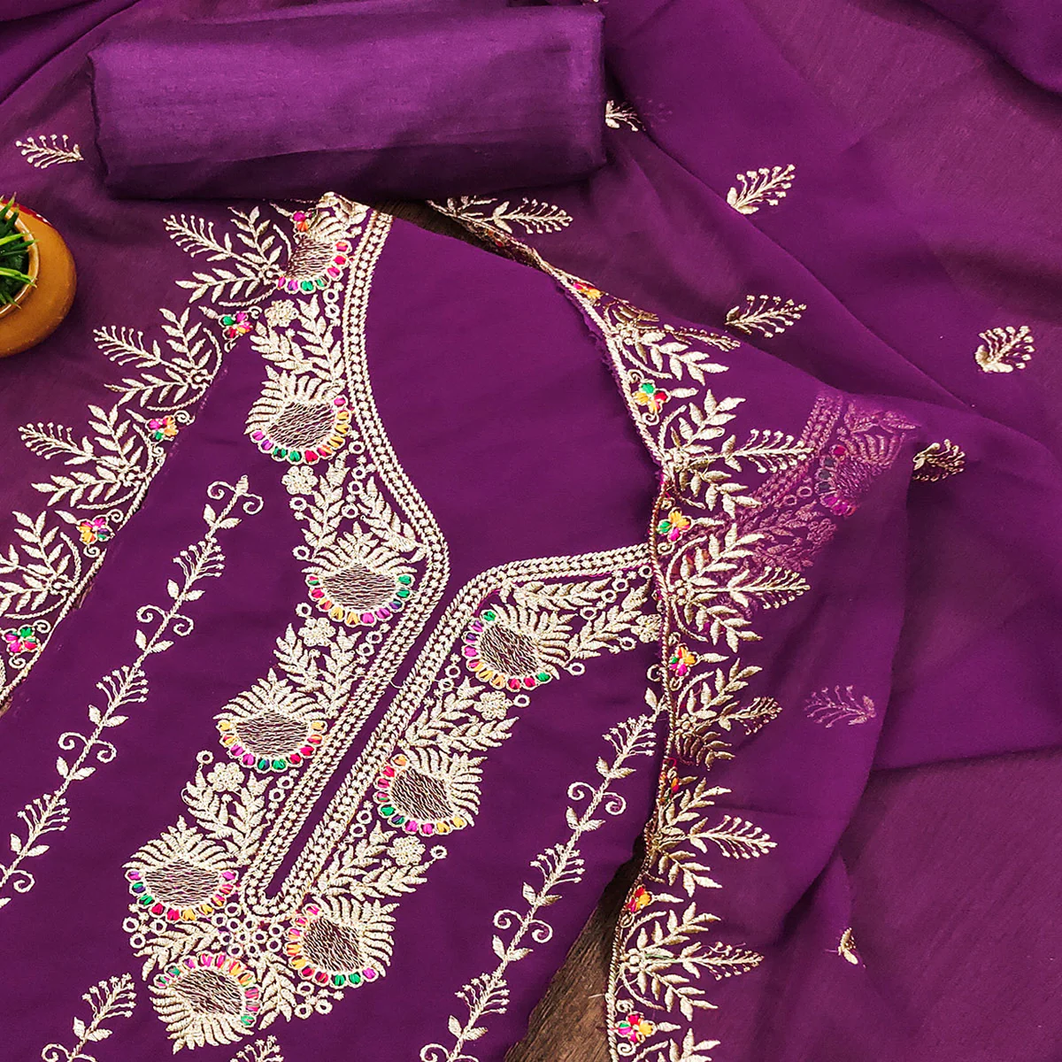 Purple Floral Embroidered Georgette Dress Material - Image 2