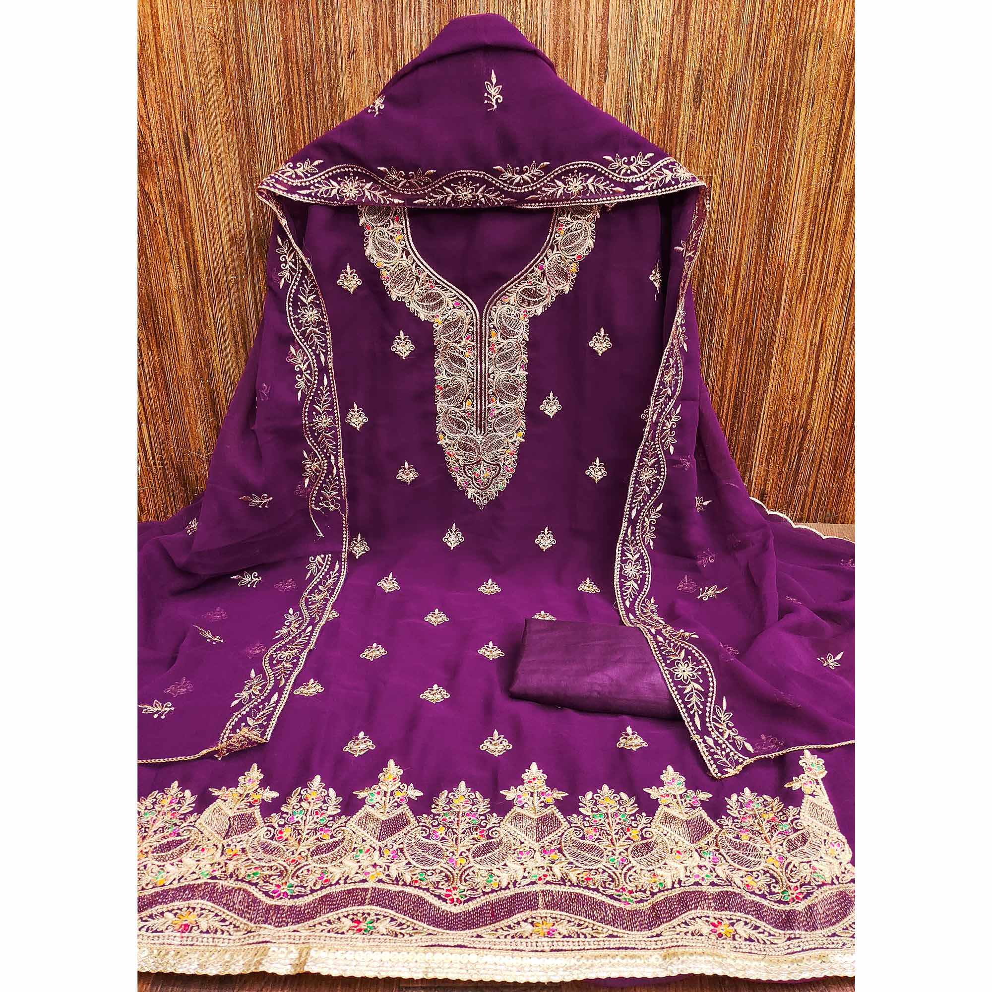Purple Floral Embroidered Georgette Dress Material - Image 3