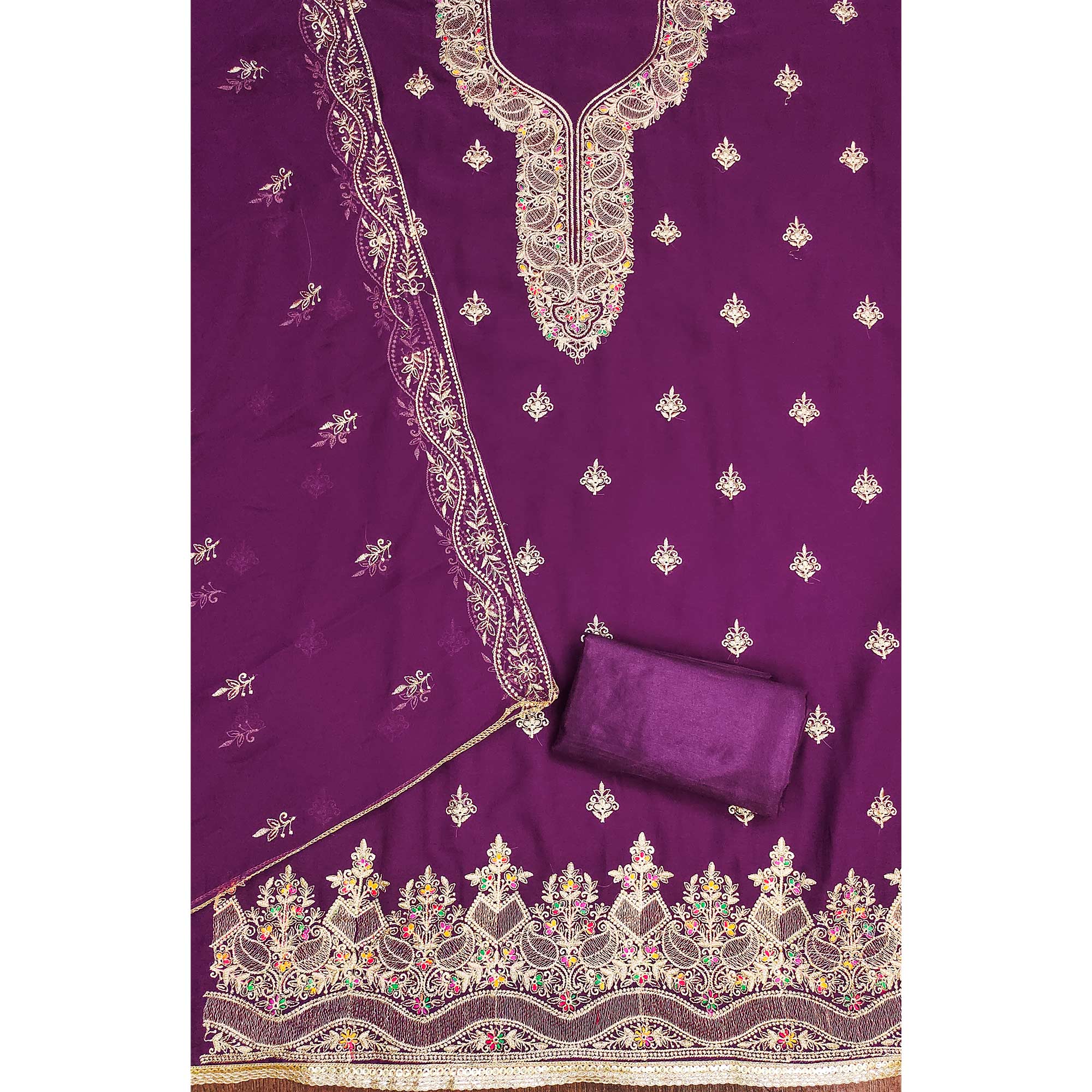 Purple Floral Embroidered Georgette Dress Material - Image 4