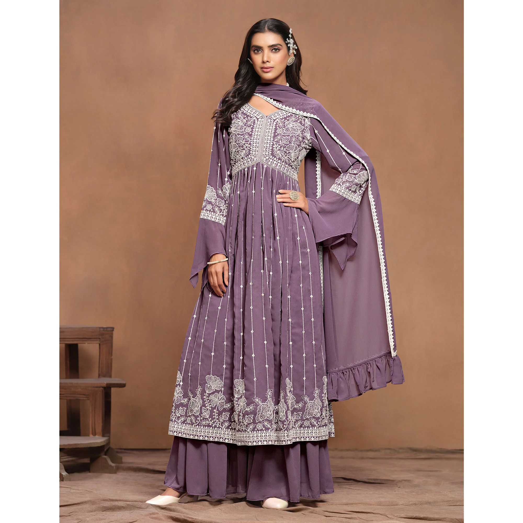 Purple Floral Embroidered Georgette Semi Stitched Alia Cut Sharara Suit - Image 4
