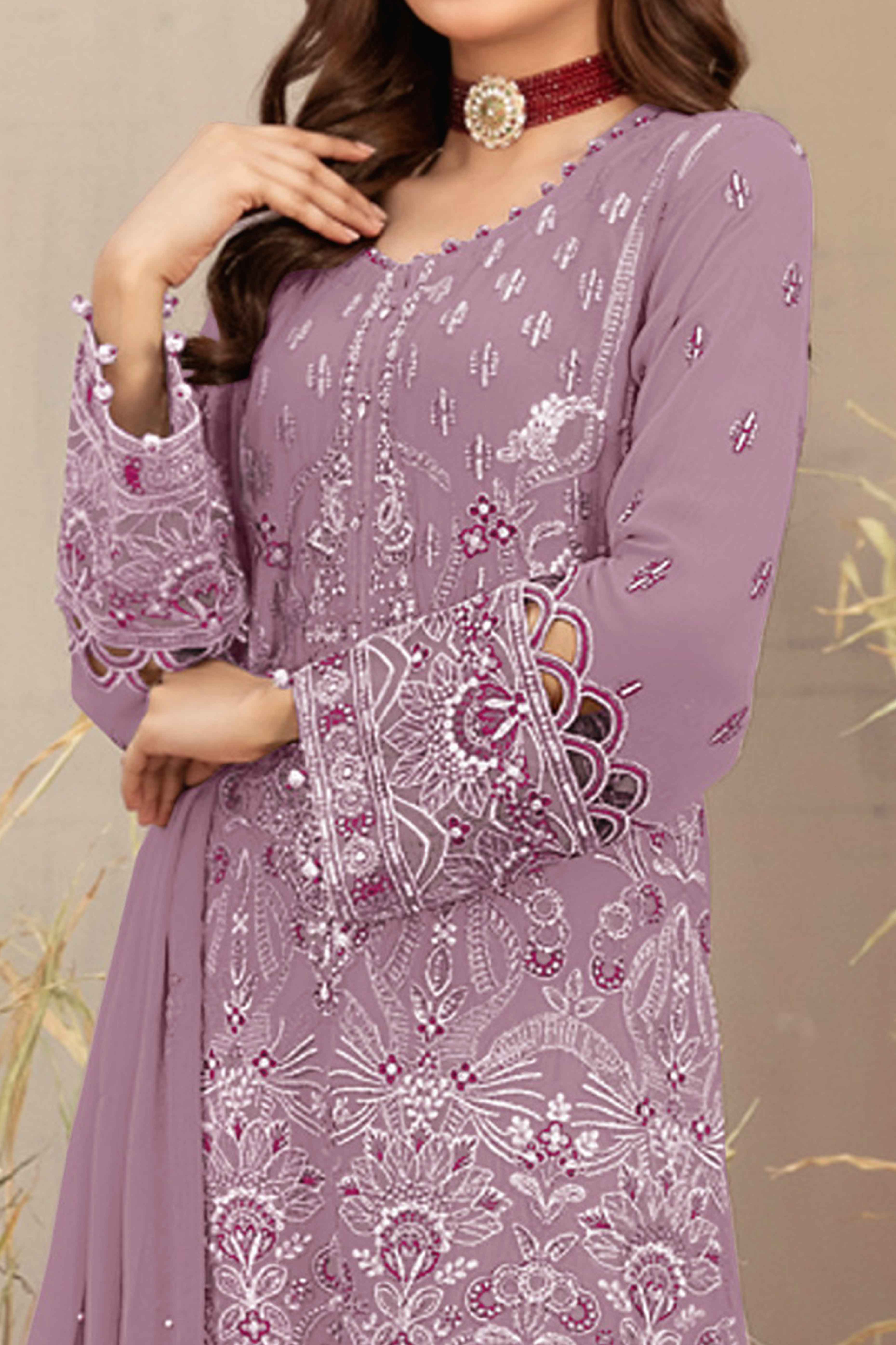 Purple Floral Embroidered Heavy Georgette Dress Material - Image 2