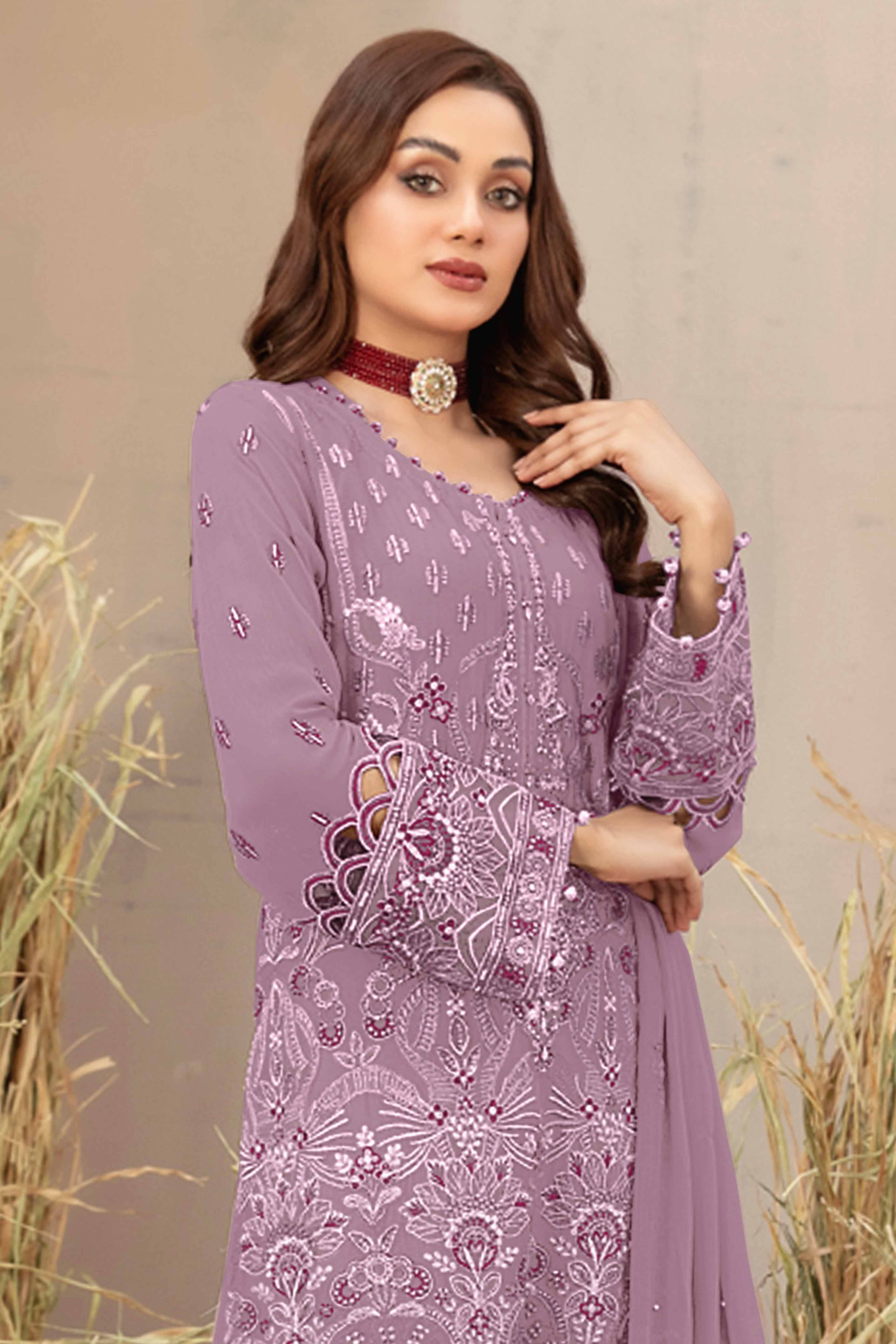 Purple Floral Embroidered Heavy Georgette Dress Material - Image 3