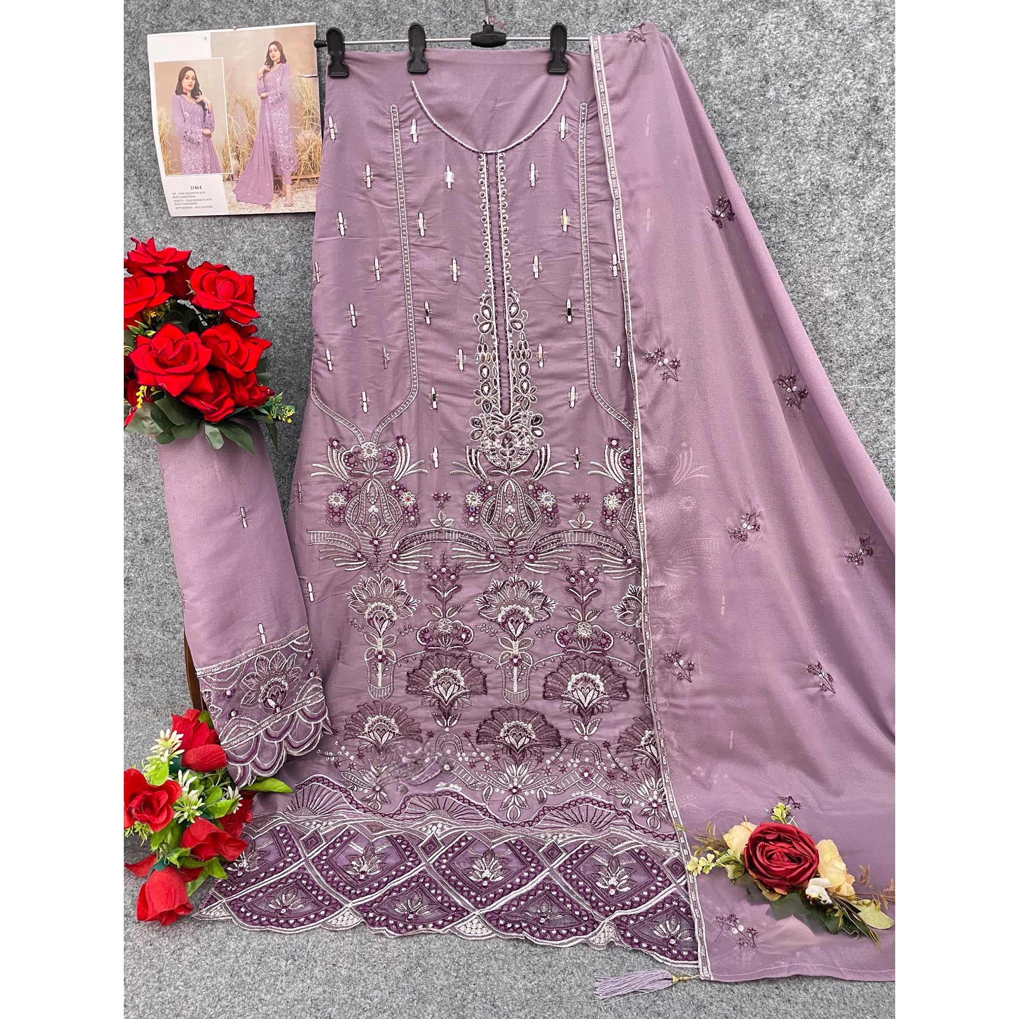 Purple Floral Embroidered Heavy Georgette Dress Material - Image 4