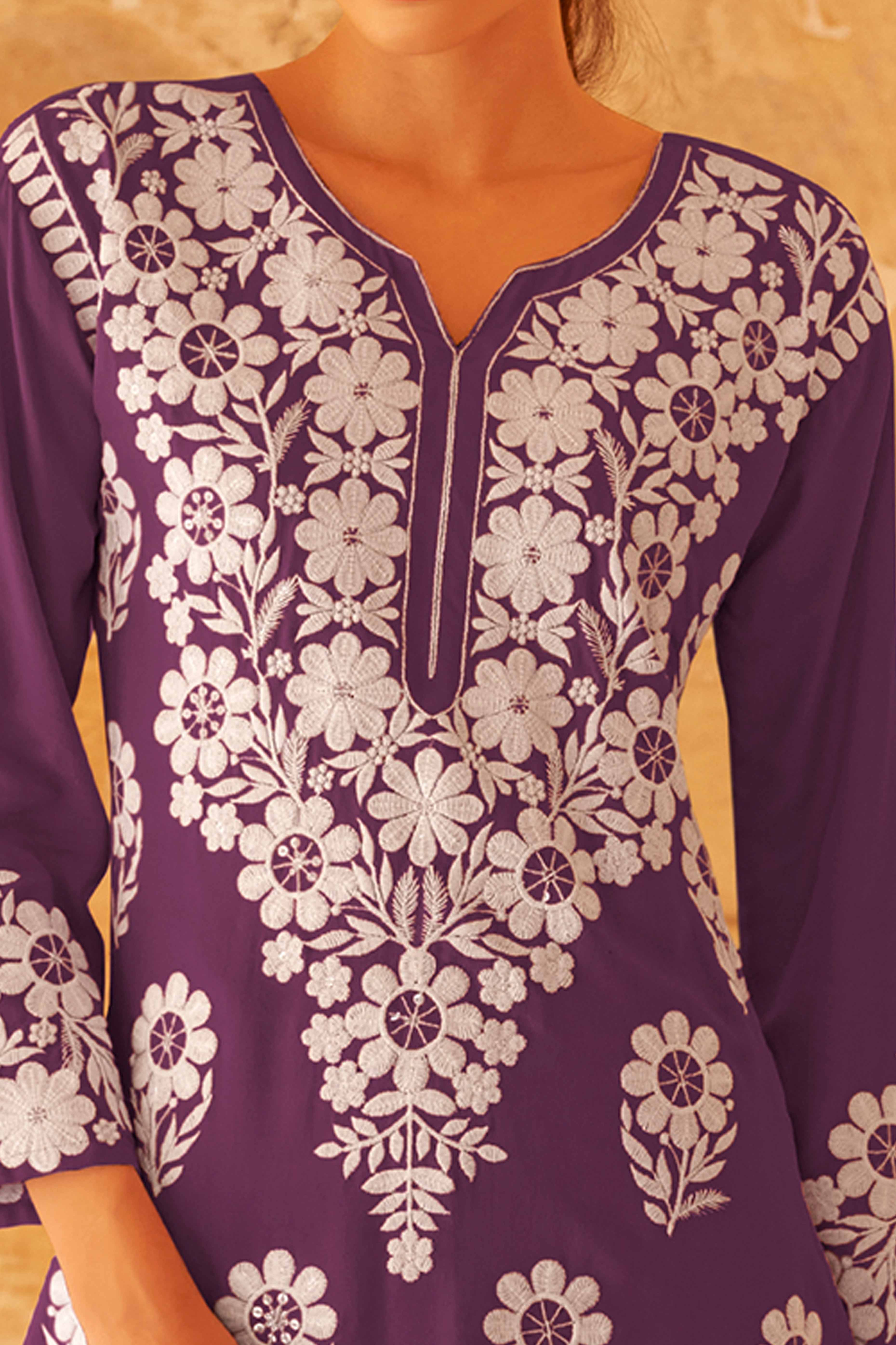 Purple Floral Embroidered Matching Set in Soft Rayon Fabric - Image 2