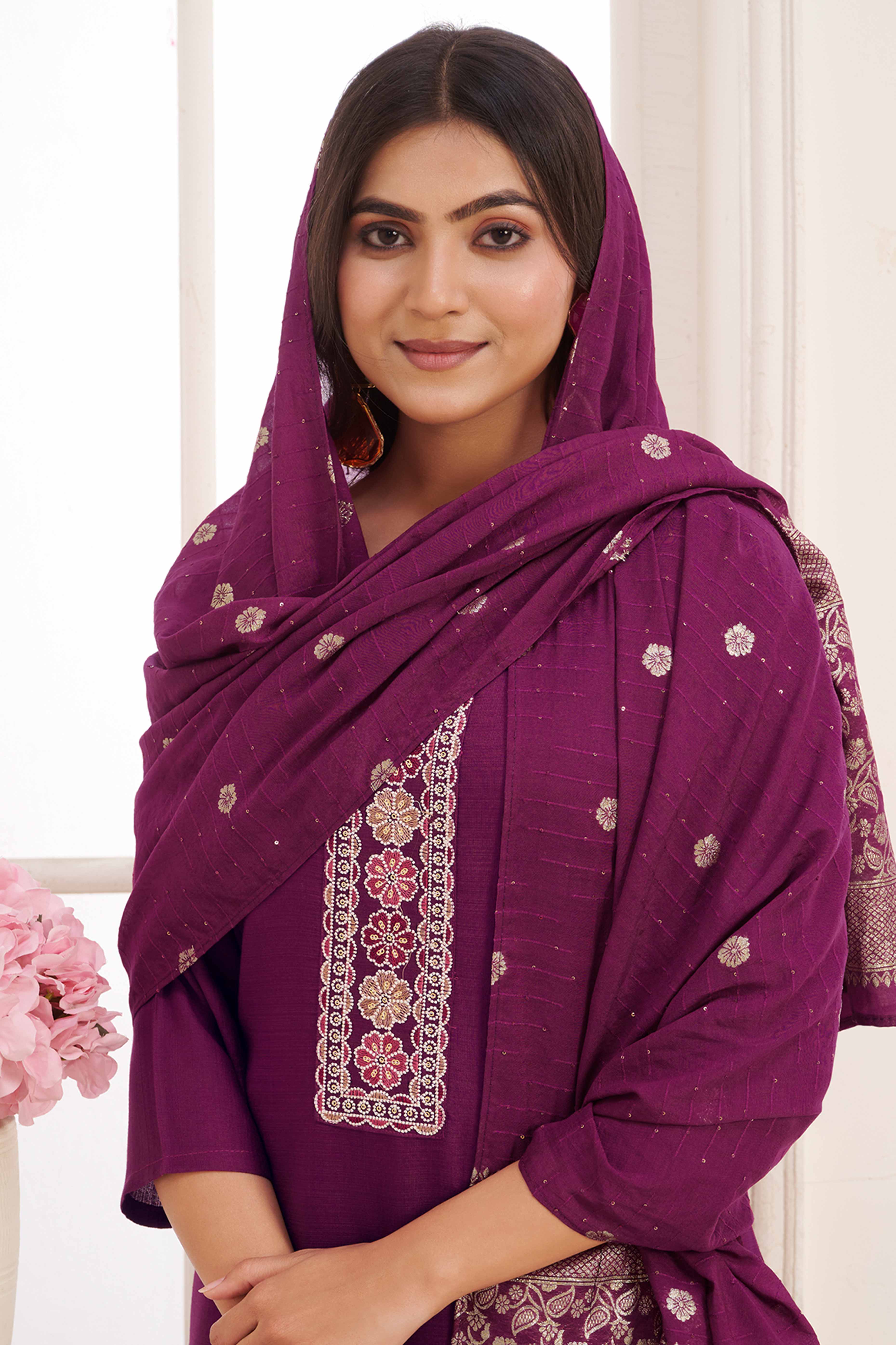 Purple Floral Embroidered Straight Salwar Suit in Viscose Vertican Silk - Image 3