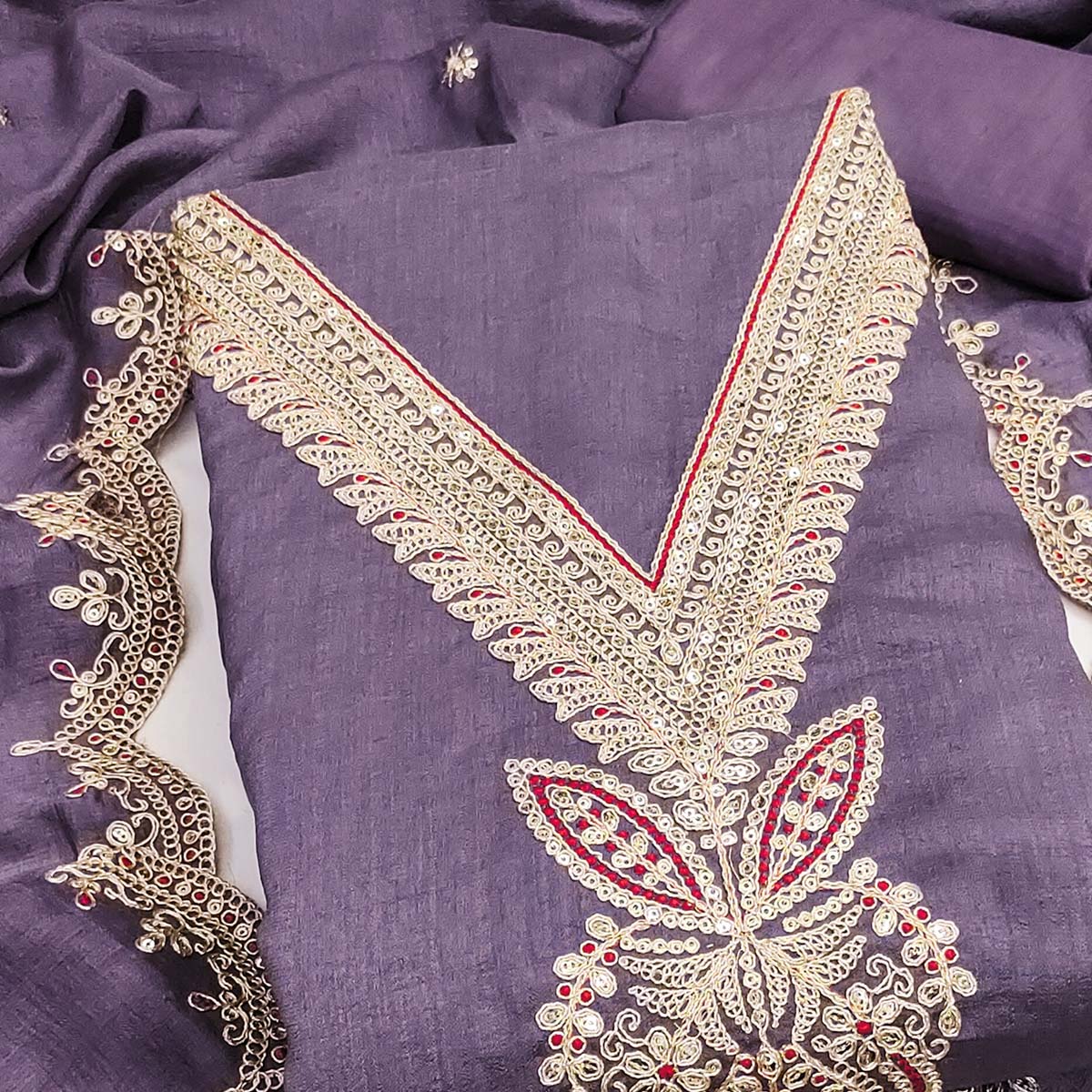 Purple Floral Embroidered Vichitra Silk Dress Material Enhanced With Detailed Cording & Sequins Work - Image 2