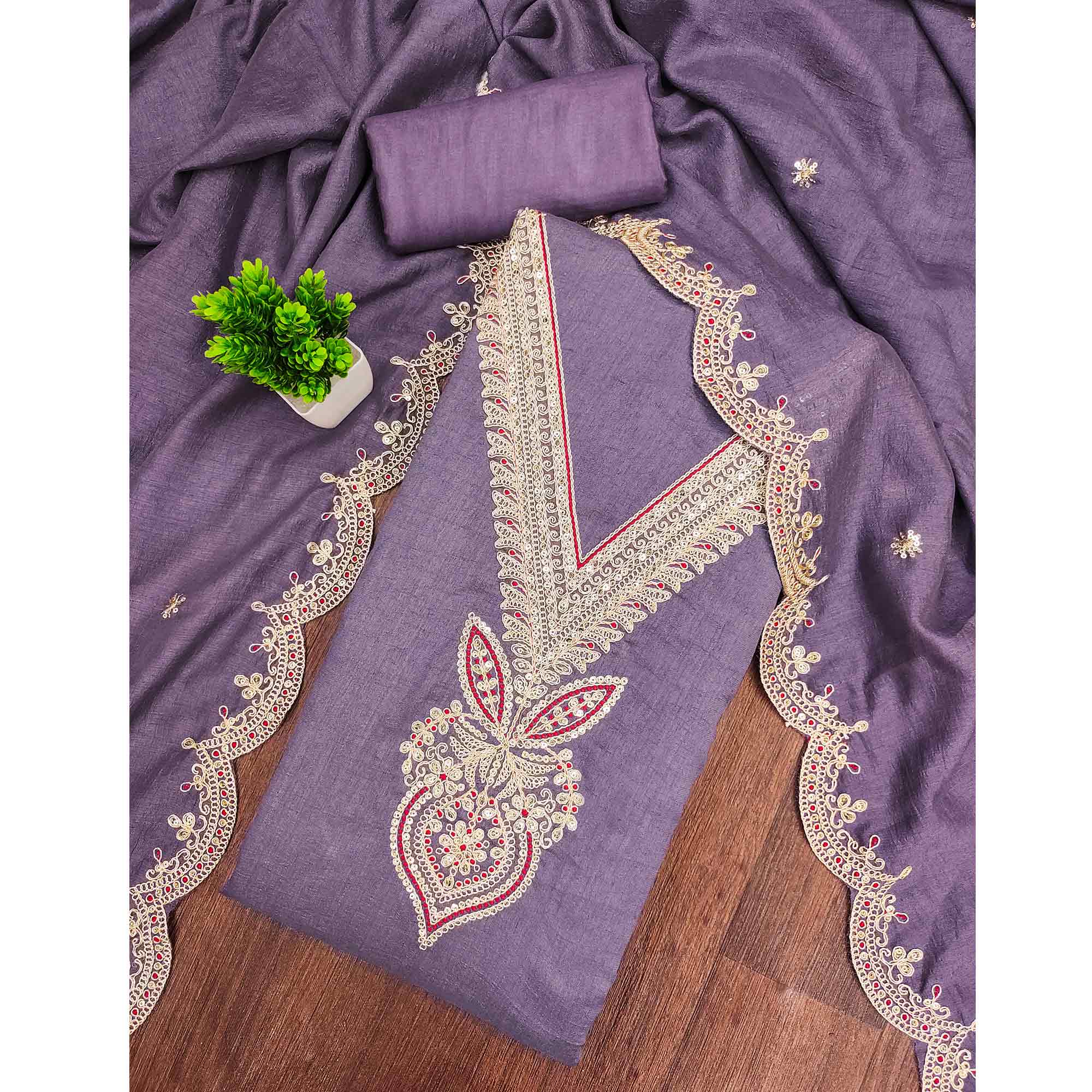 Purple Floral Embroidered Vichitra Silk Dress Material Enhanced With Detailed Cording & Sequins Work - Image 3