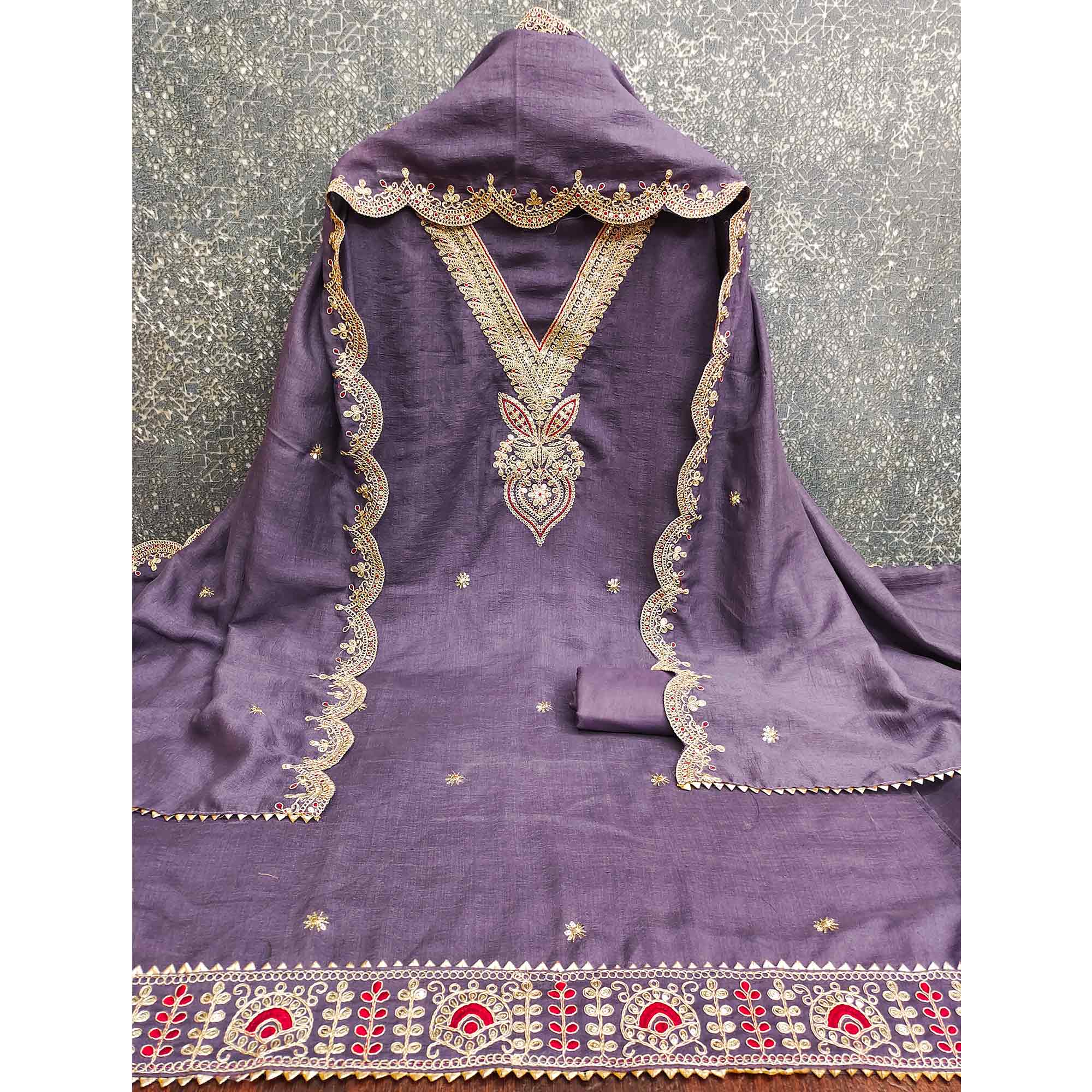 Purple Floral Embroidered Vichitra Silk Dress Material Enhanced With Detailed Cording & Sequins Work - Image 4