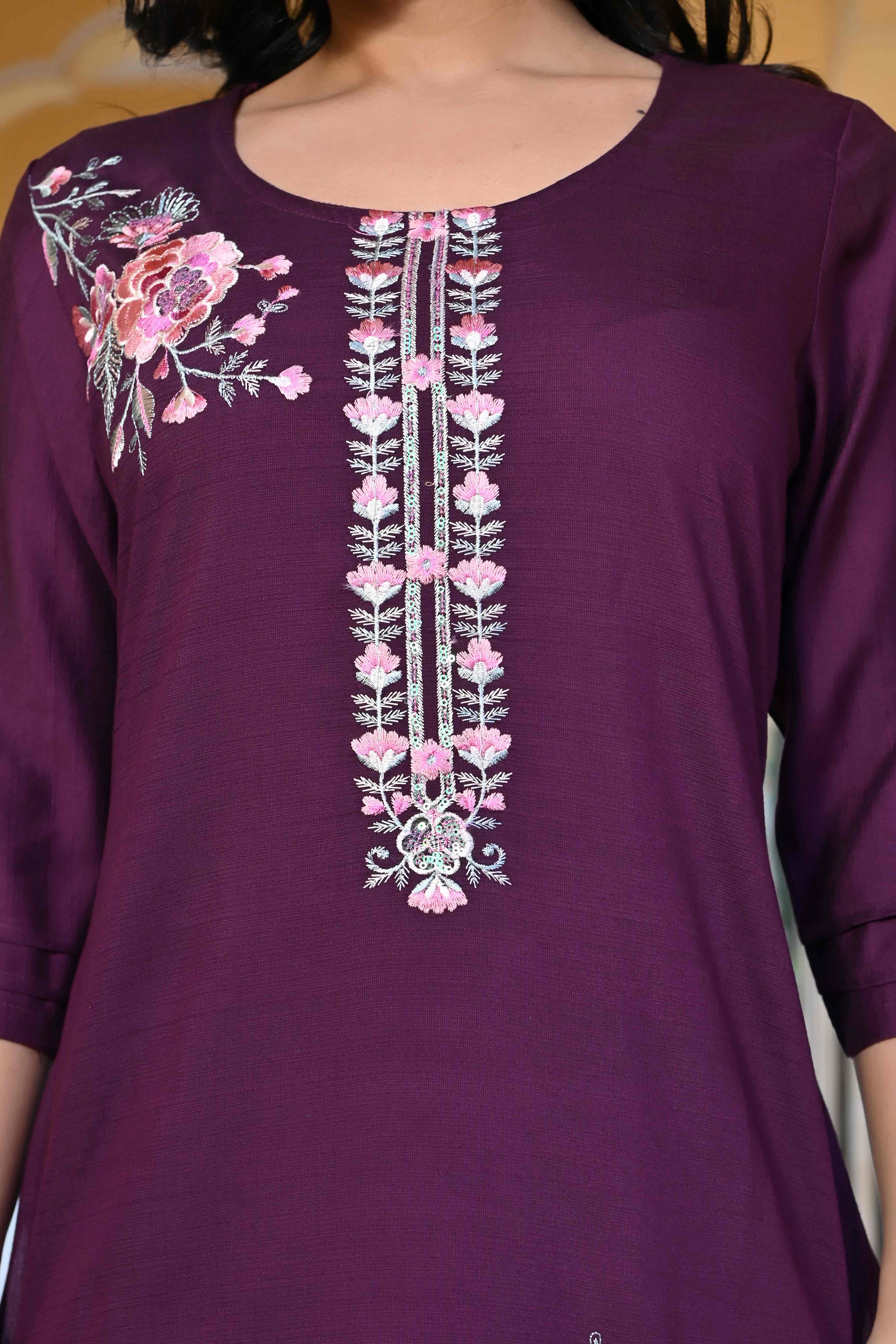 Purple Floral Embroidered Viscose Straight Kurti - Image 2