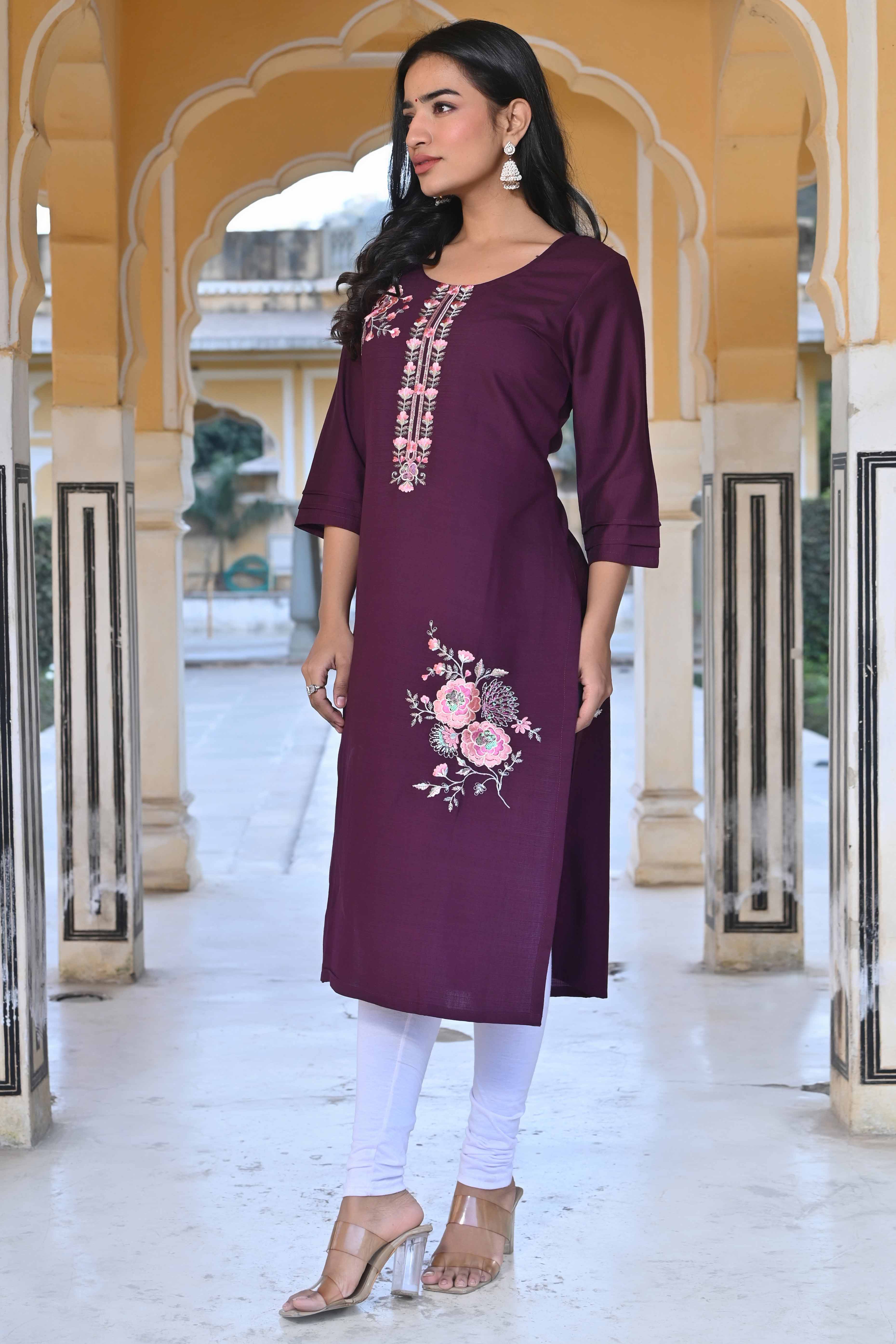 Purple Floral Embroidered Viscose Straight Kurti - Image 3