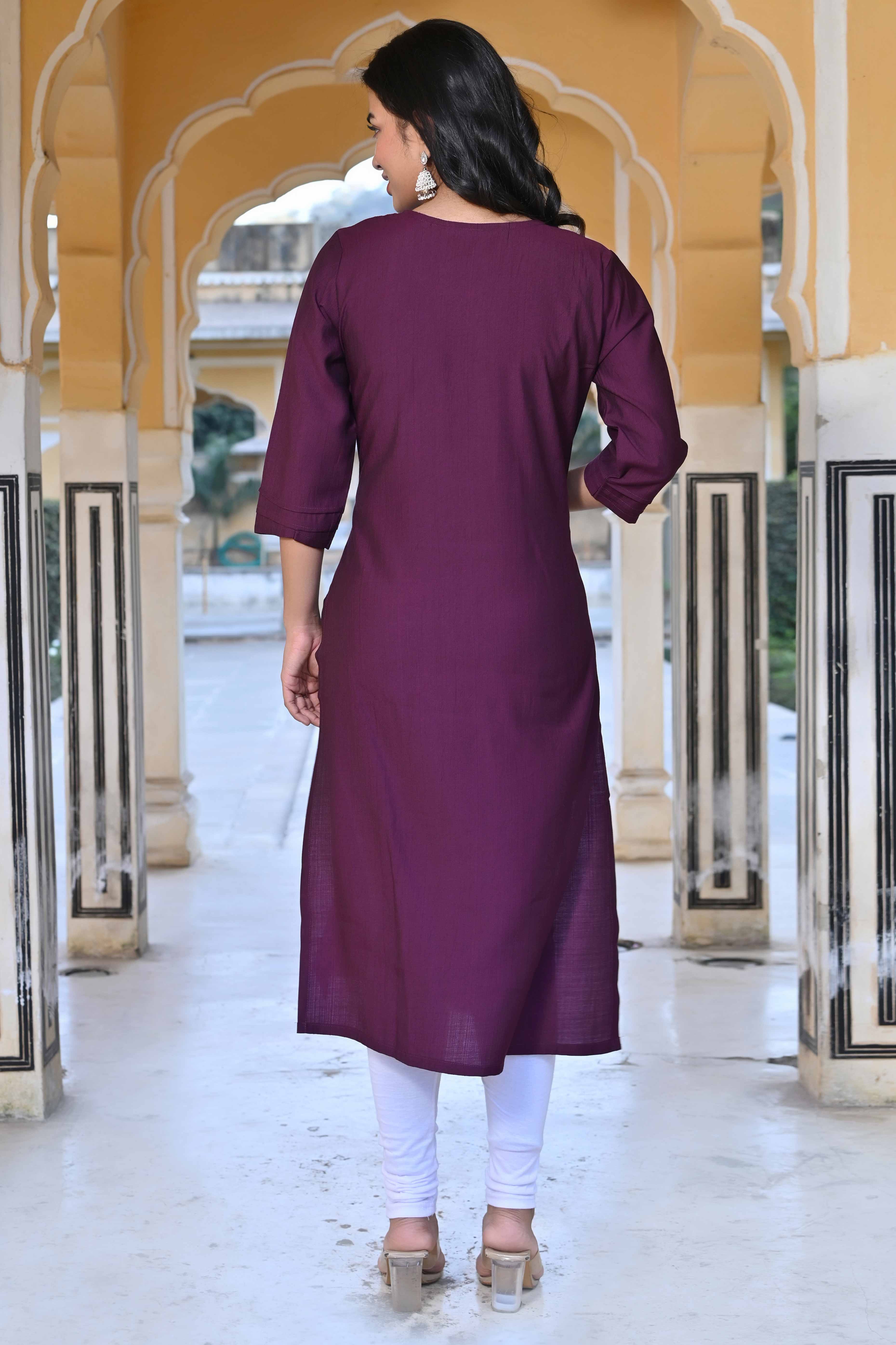 Purple Floral Embroidered Viscose Straight Kurti - Image 7