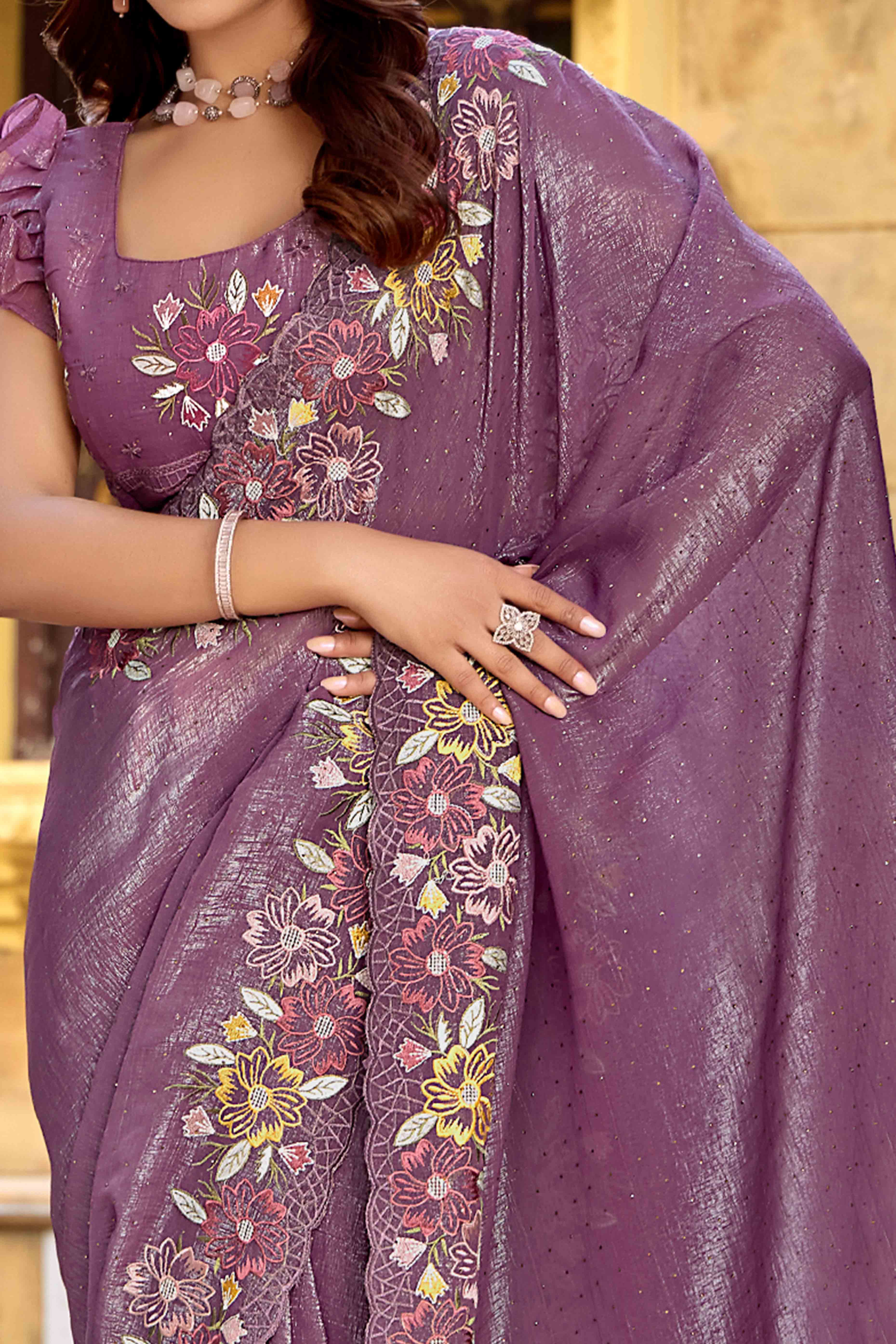 Purple Floral Embroidered With Swarovski Work Chiffon Saree - Image 2