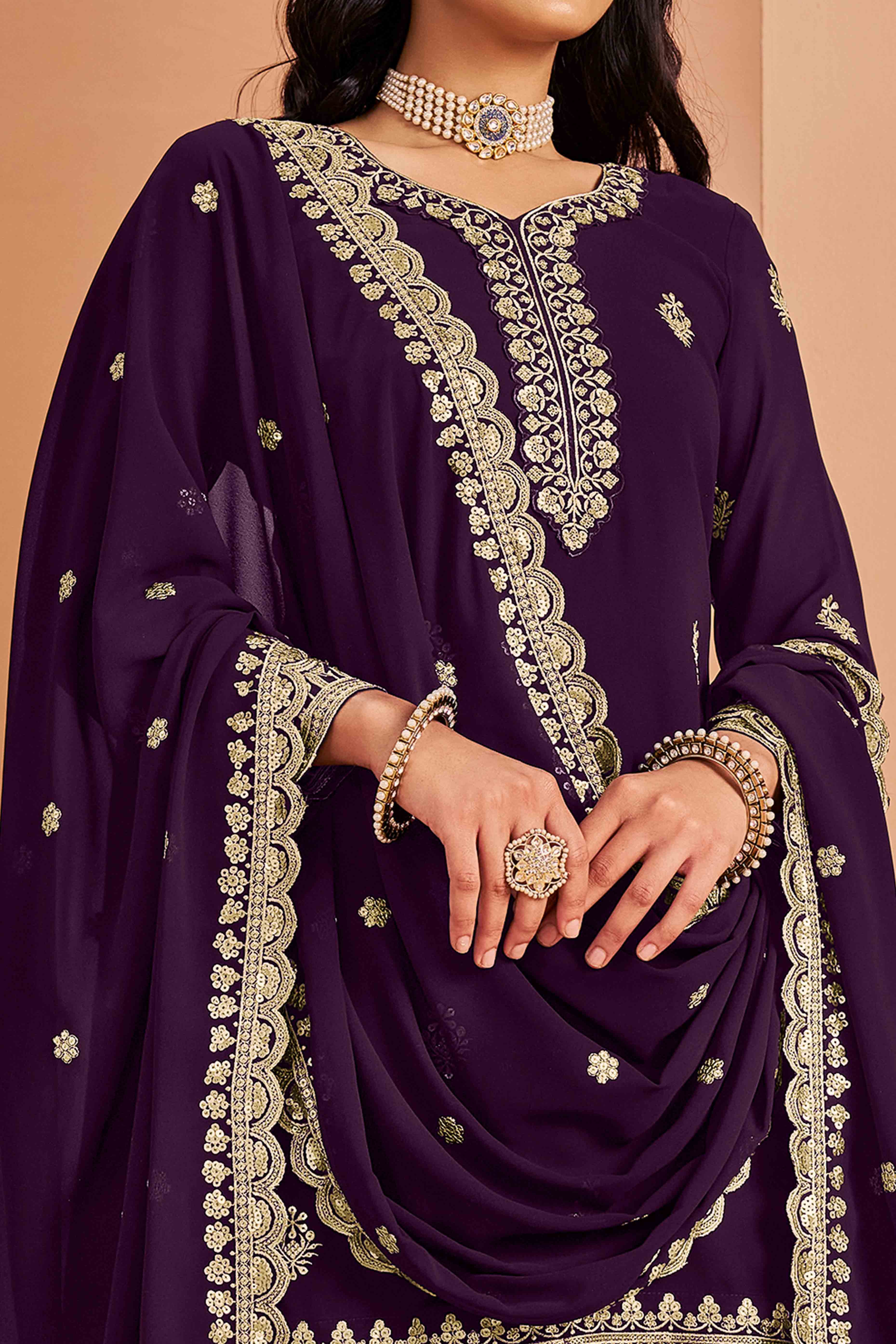 Purple Floral Embroidery Georgette Semi Stitched Palazzo Suit - Image 2