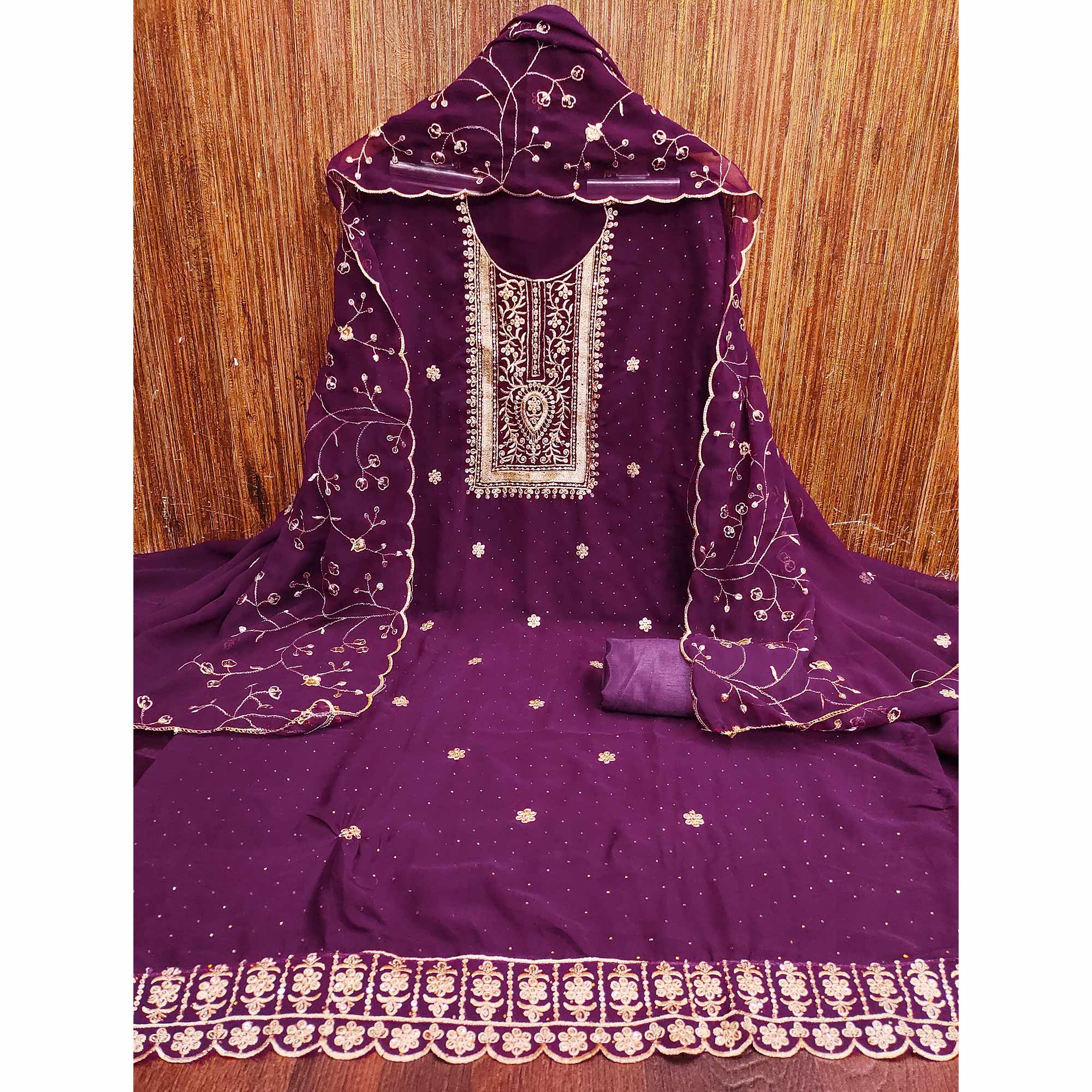 Purple Floral Embroidery With Stonework Georgette Dress Material - Image 3