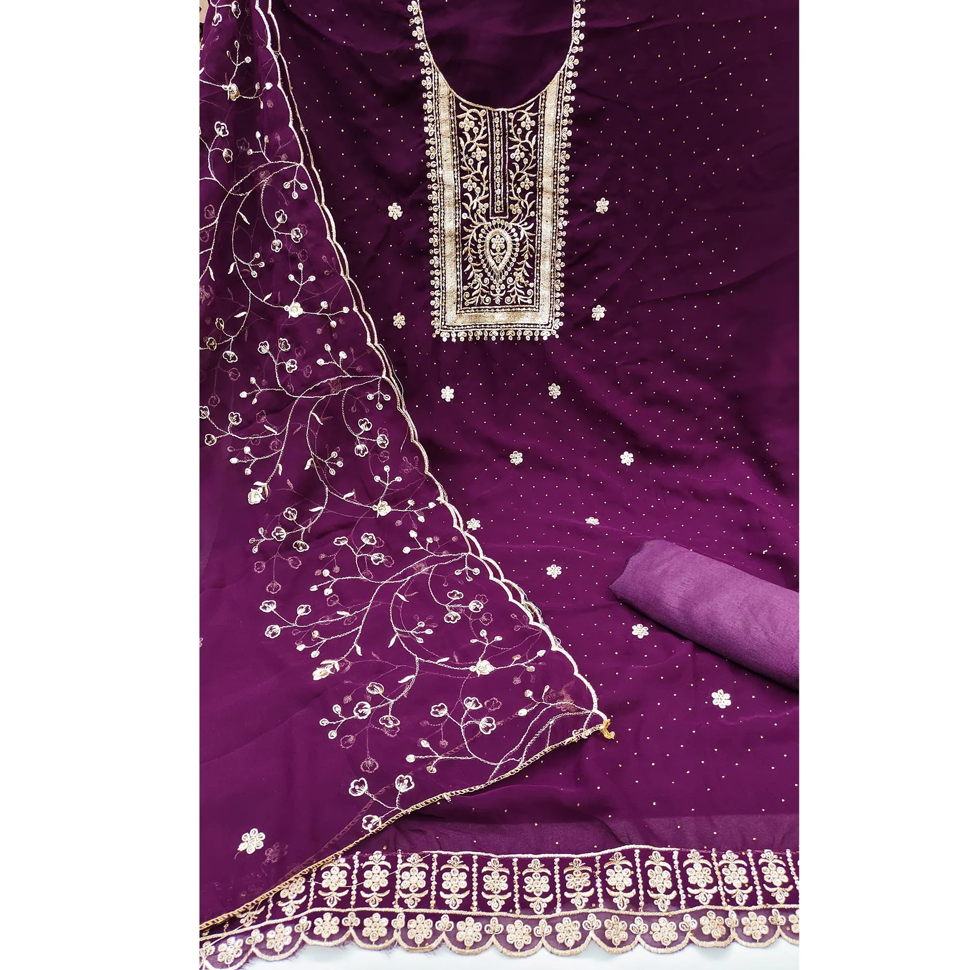 Purple Floral Embroidery With Stonework Georgette Dress Material - Image 4