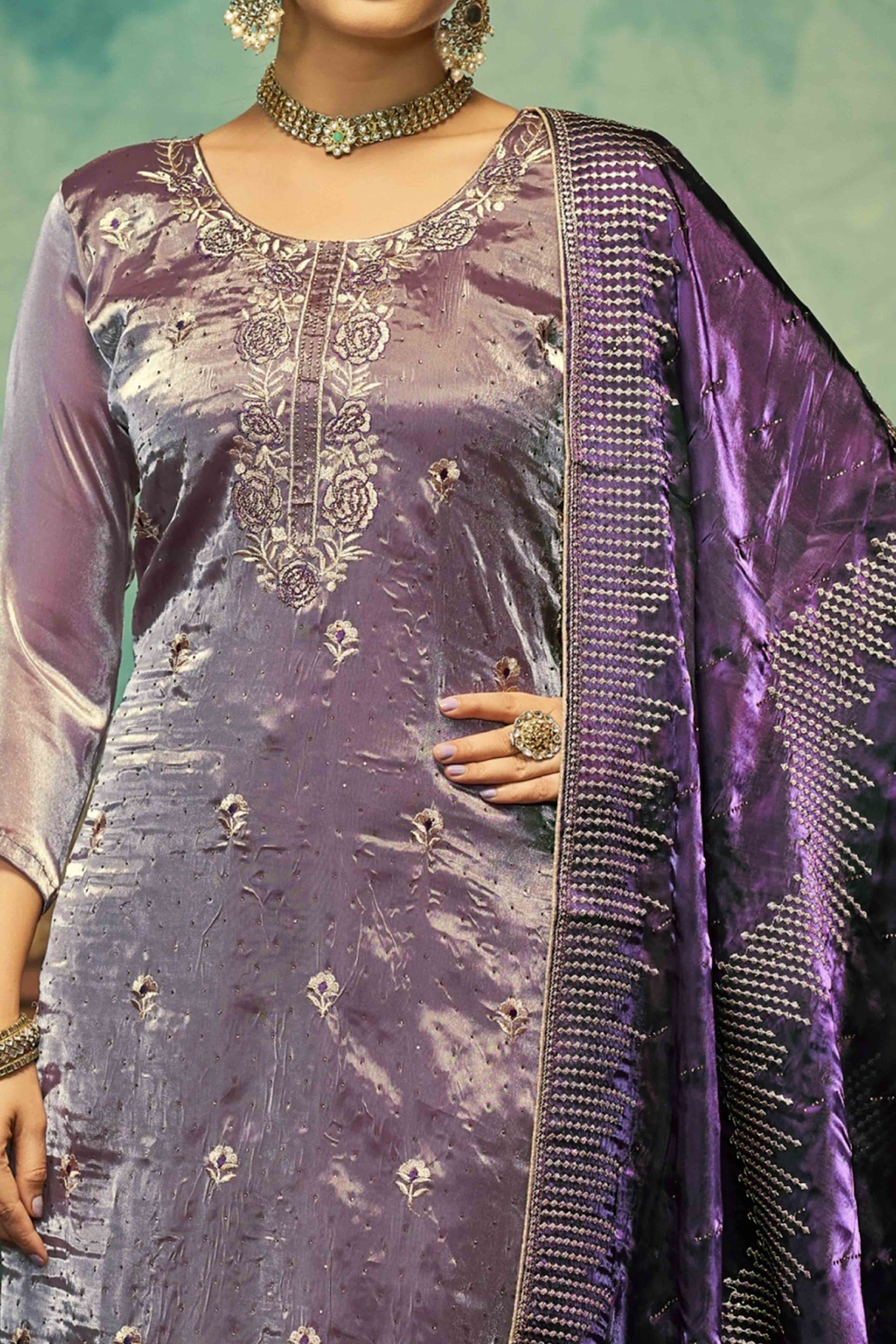 Purple Floral Embroidery With Swarovski Work Jimmy Choo Tissue Semi Stitched Suit - Image 2