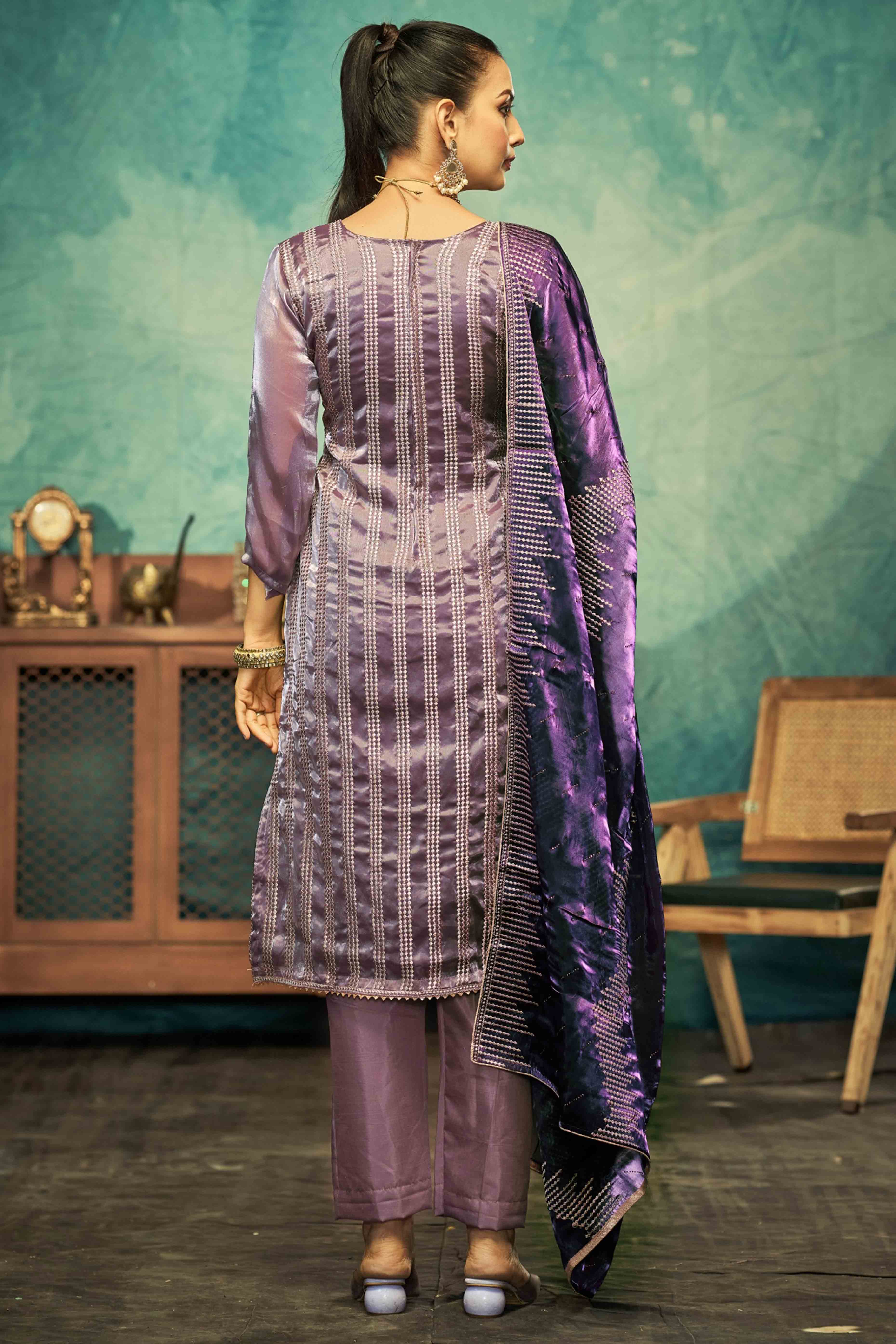 Purple Floral Embroidery With Swarovski Work Jimmy Choo Tissue Semi Stitched Suit - Image 3