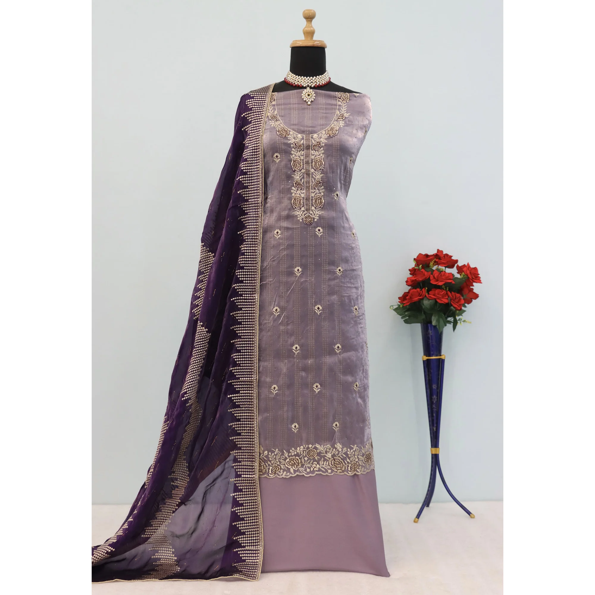 Purple Floral Embroidery With Swarovski Work Jimmy Choo Tissue Semi Stitched Suit - Image 5