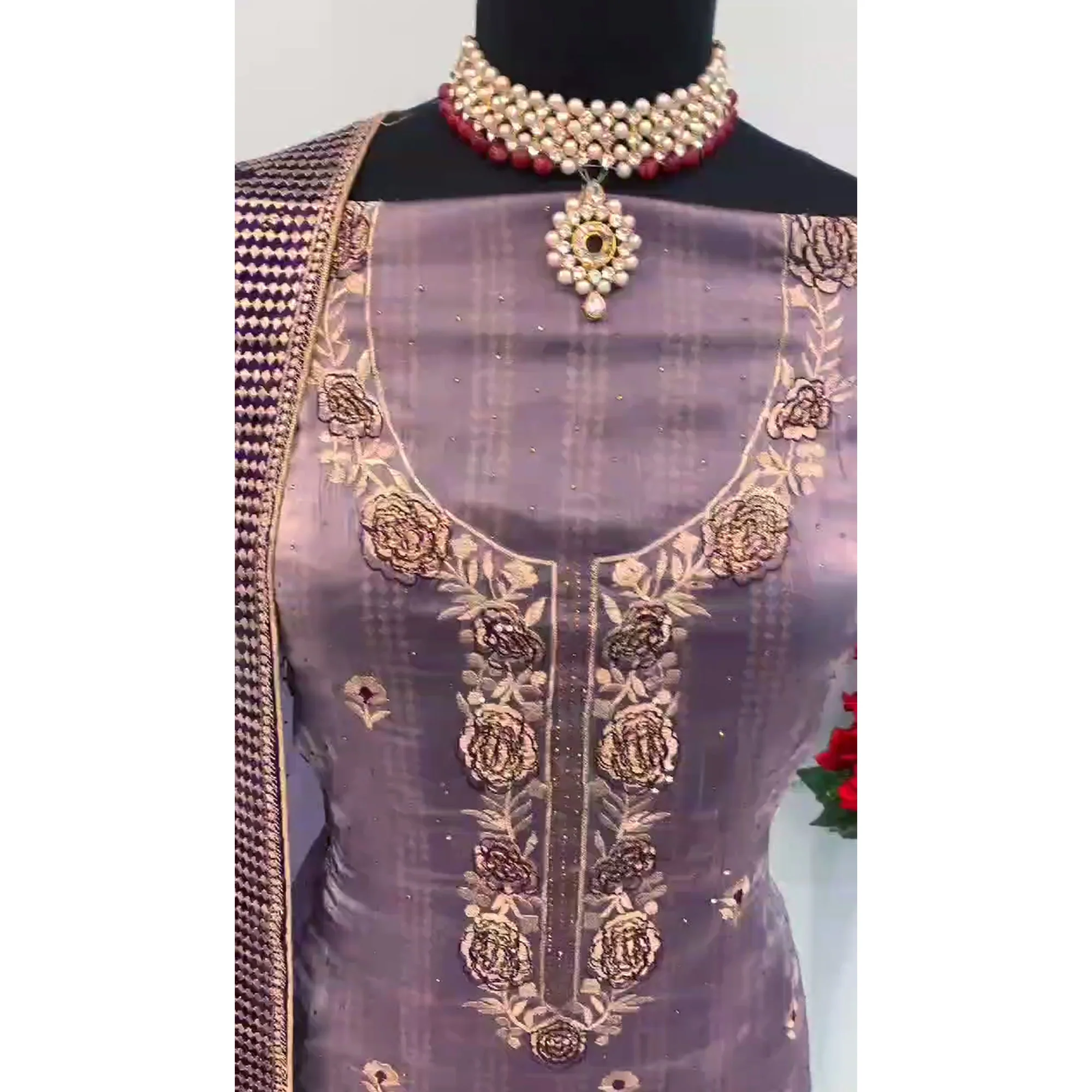 Purple Floral Embroidery With Swarovski Work Jimmy Choo Tissue Semi Stitched Suit - Image 6