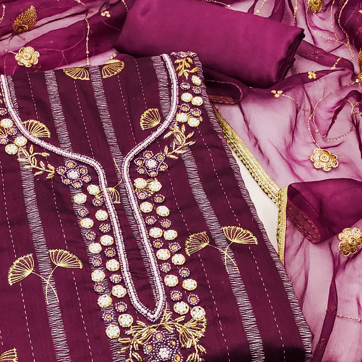 Purple Floral Foil Printed With Handwork Chanderi Dress Material - Image 2