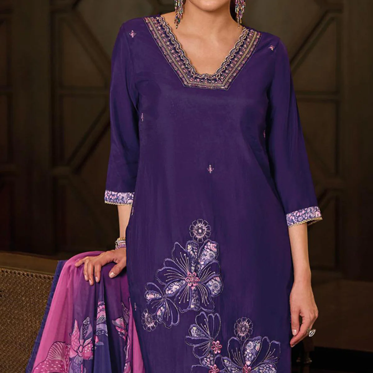 Purple Floral Handwork Embroidered Viscose Salwar Suit - Image 2