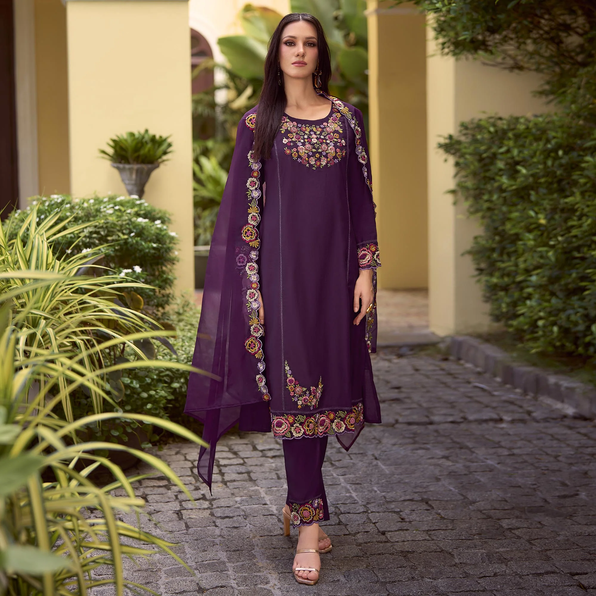Purple Floral Handwork Embroidered Viscose Salwar Suit - Image 2