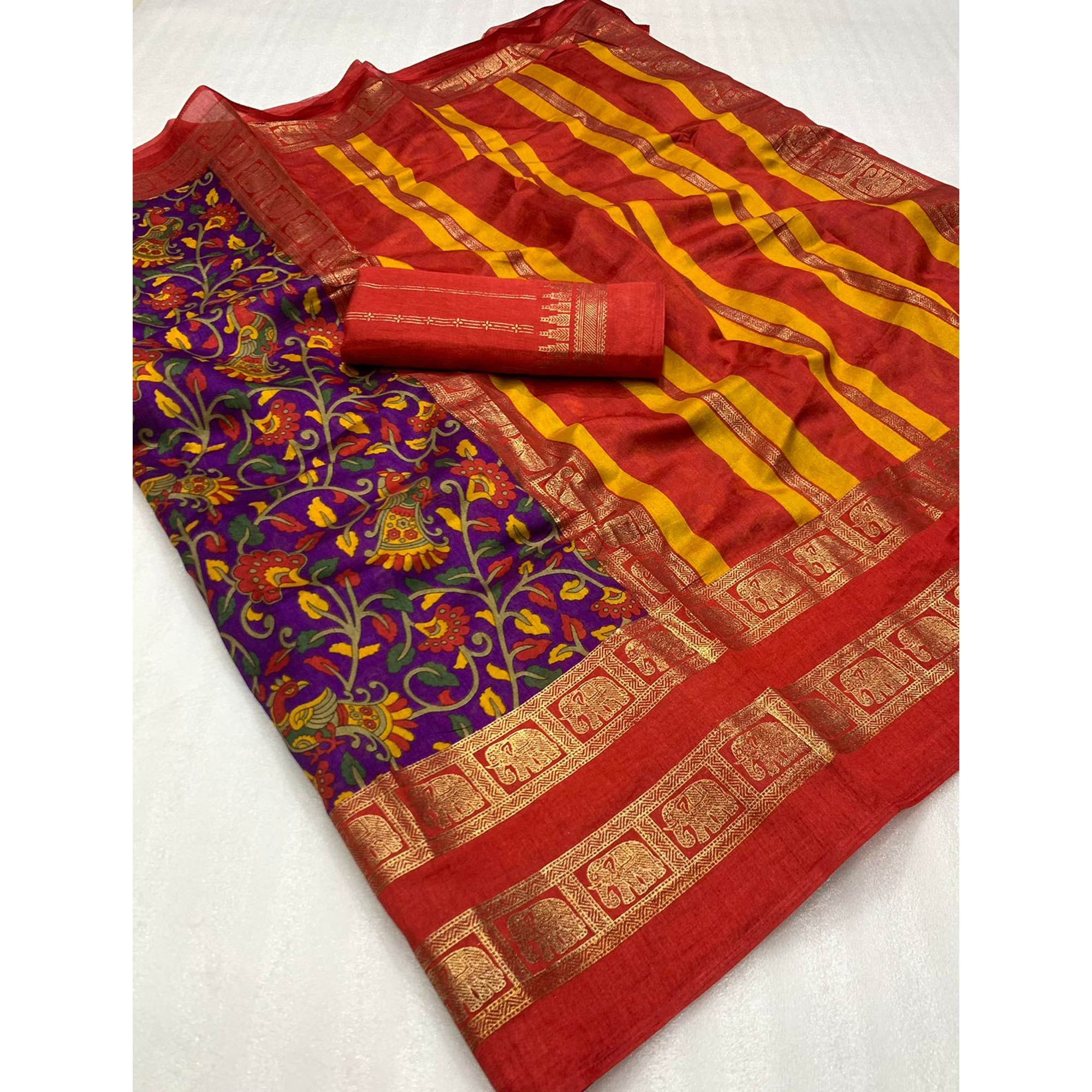 Purple Floral Kalamkari Printed Dola Silk Saree - Image 3