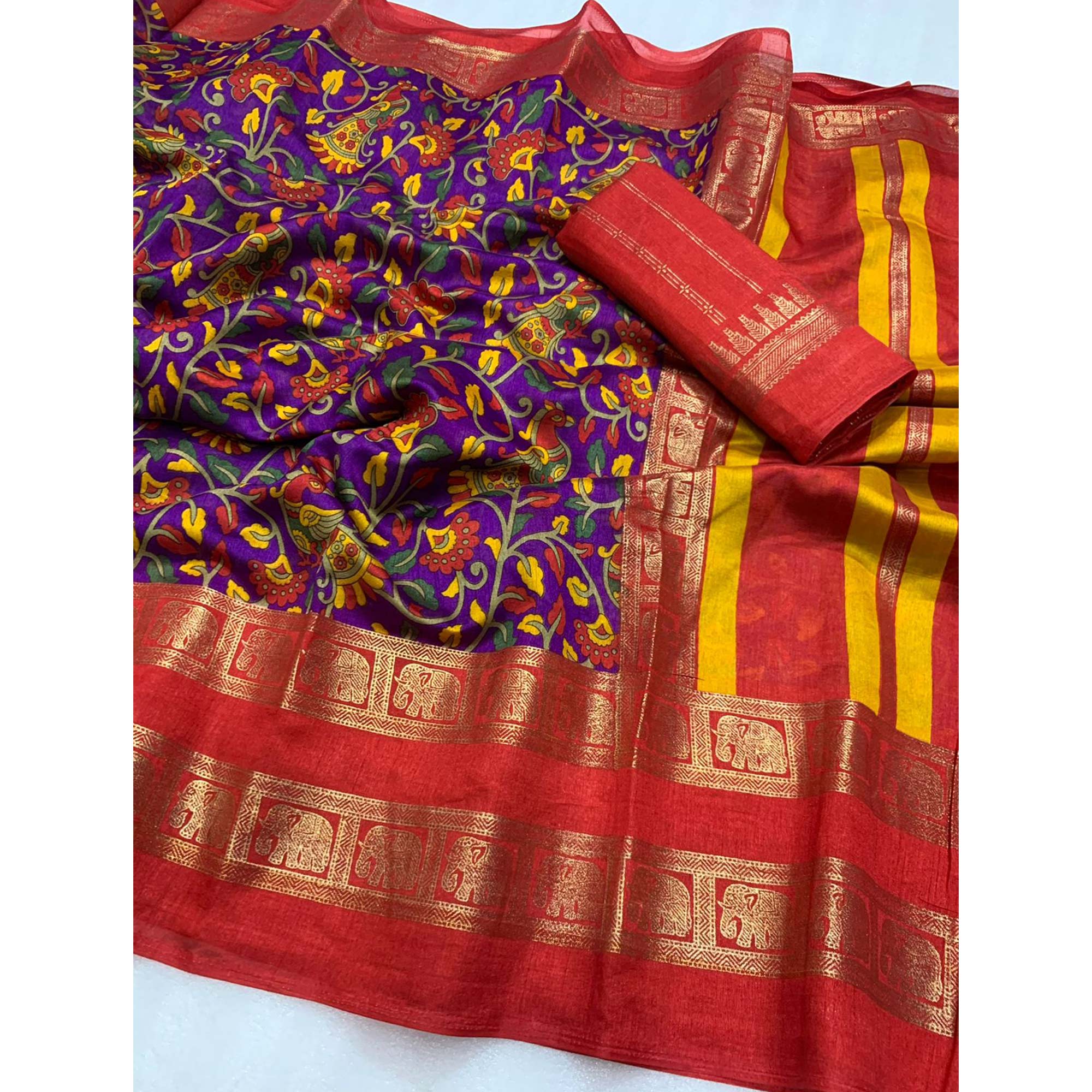Purple Floral Kalamkari Printed Dola Silk Saree - Image 4