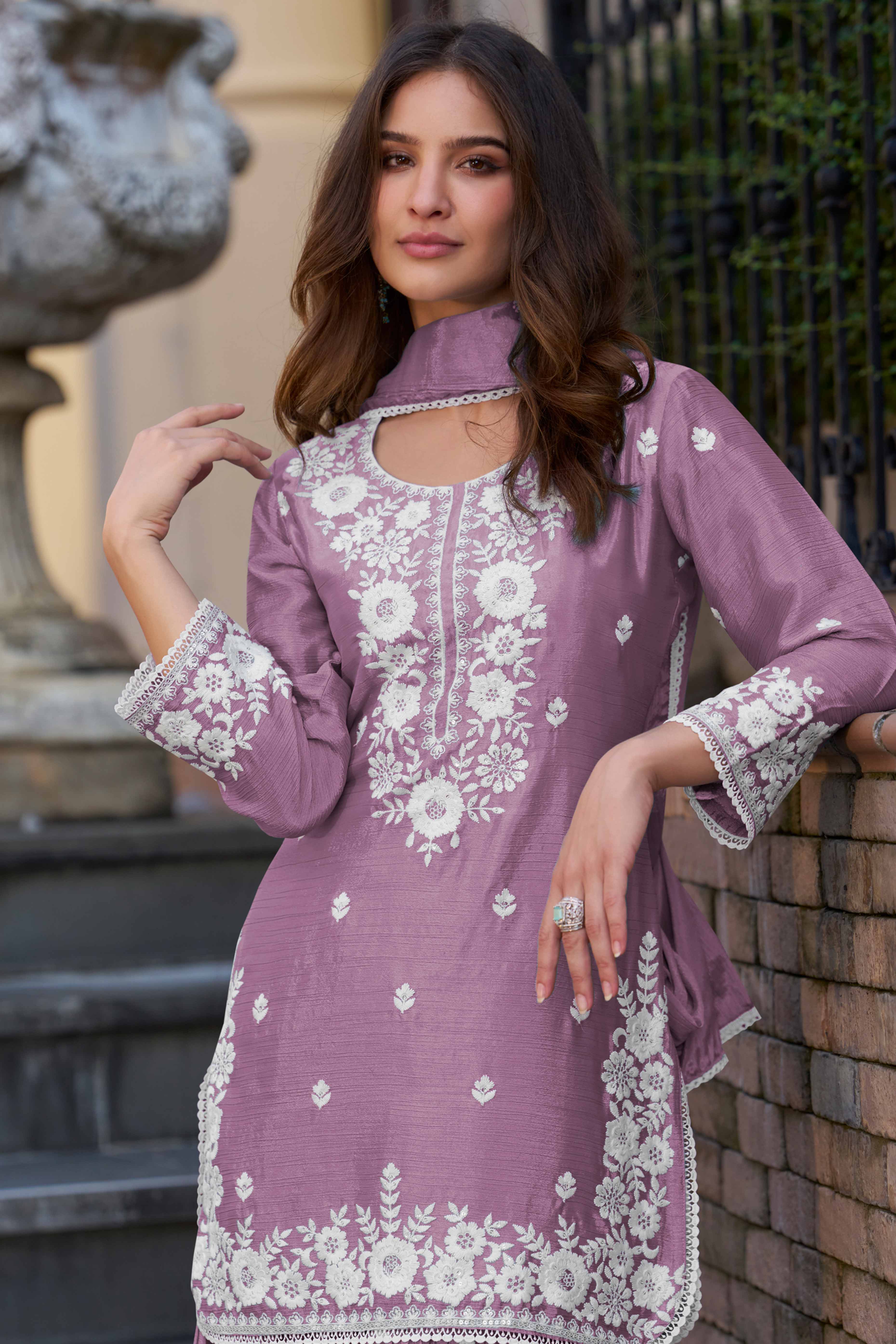 Purple Floral Luxe Embroidered Chinon Sharara Suit - Image 3