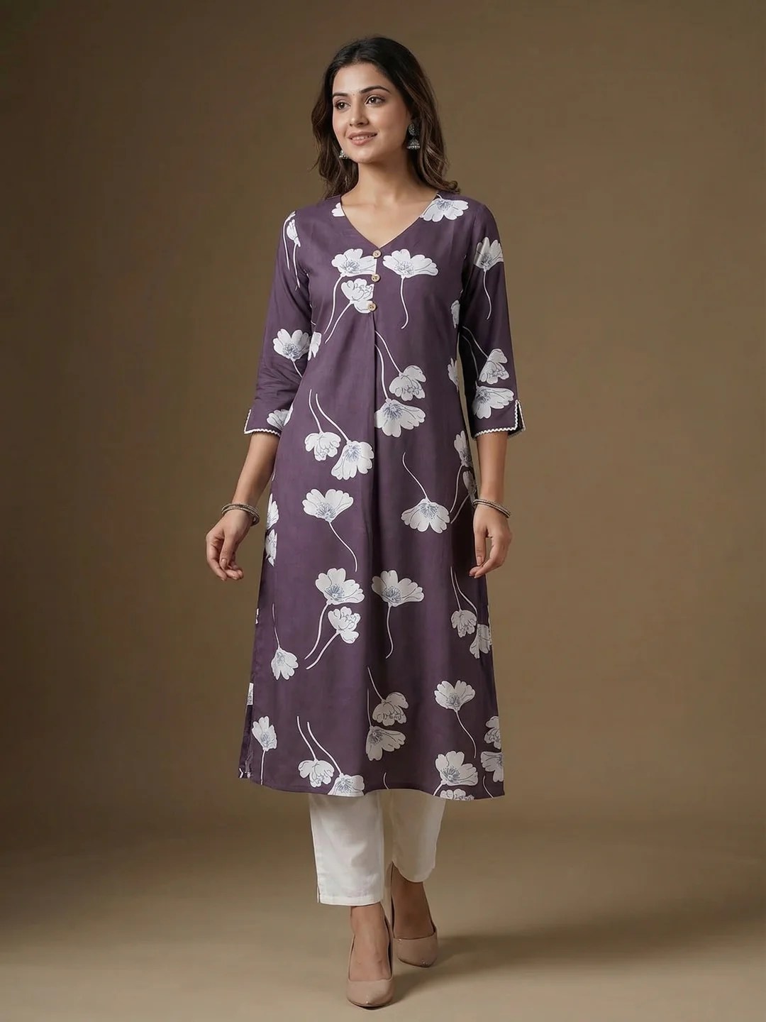 Purple Floral Print A-Line Rayon Kurta Paired with Classic White Bottom for Stylish Casual Look
