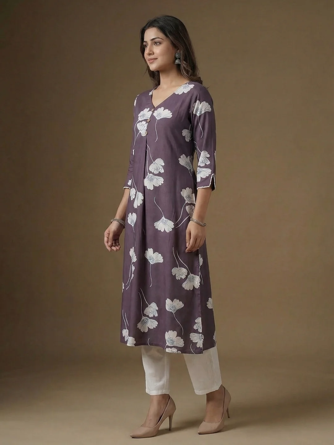 Purple Floral Print A-Line Rayon Kurta Paired with Classic White Bottom for Stylish Casual Look - Image 2