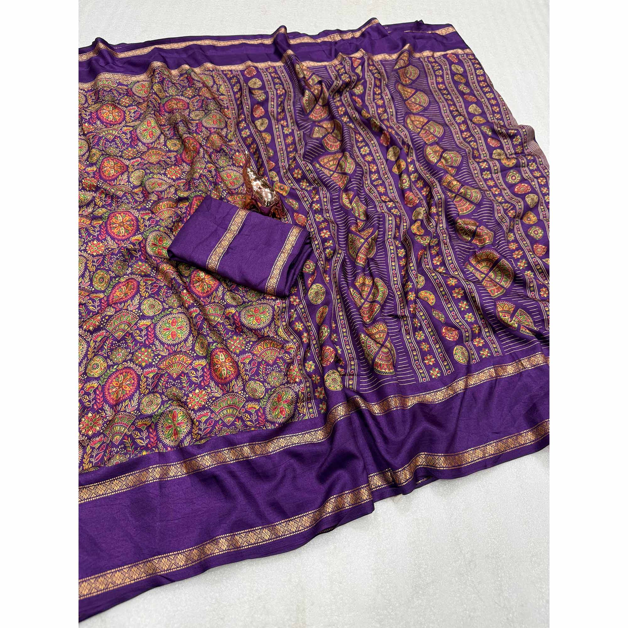 Purple Floral Print Saree in Pure Soft Silk Blend Fabric for Timeless Grace - Image 3