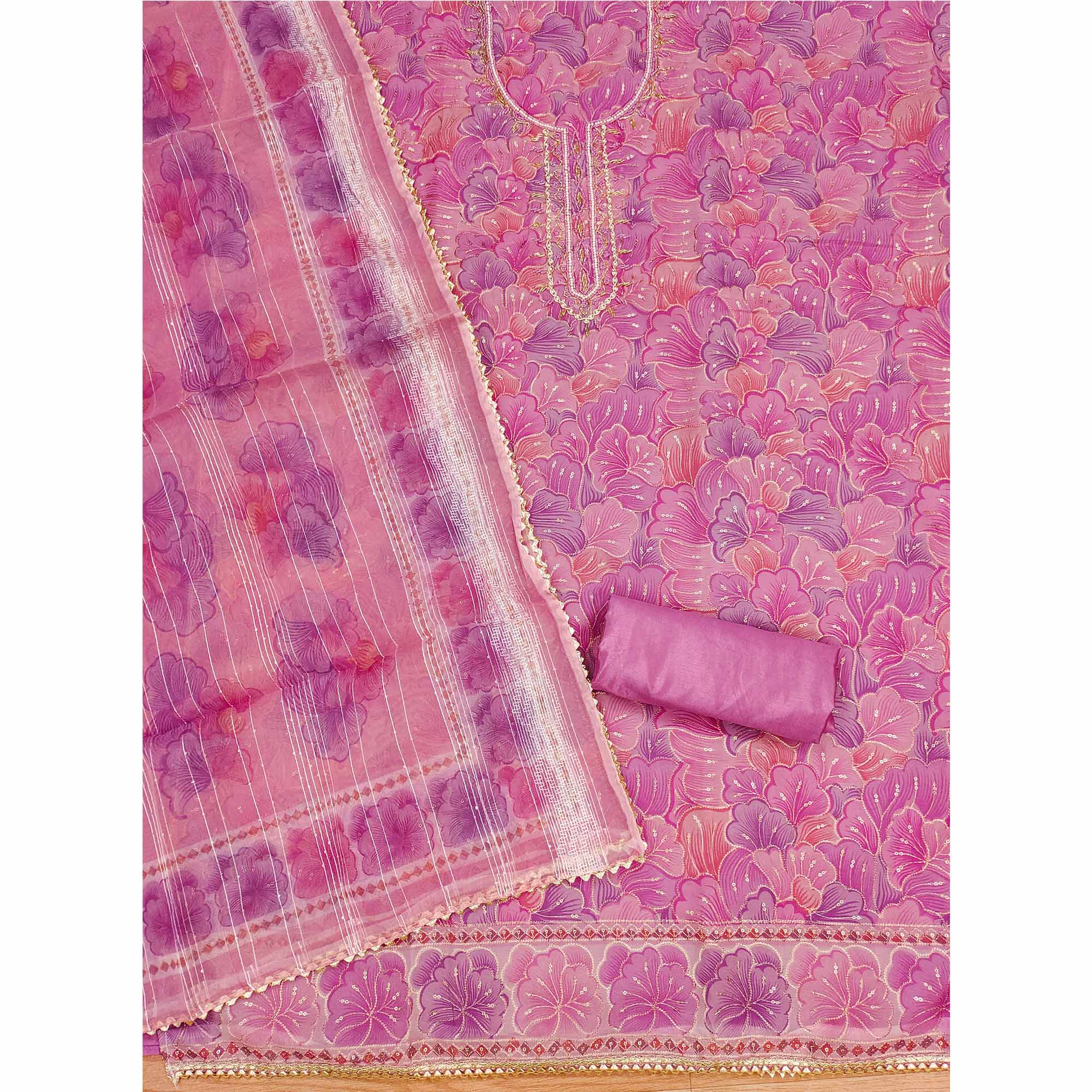 Purple Floral Print With Sequins Embroidered Organza Dress Material - Image 4