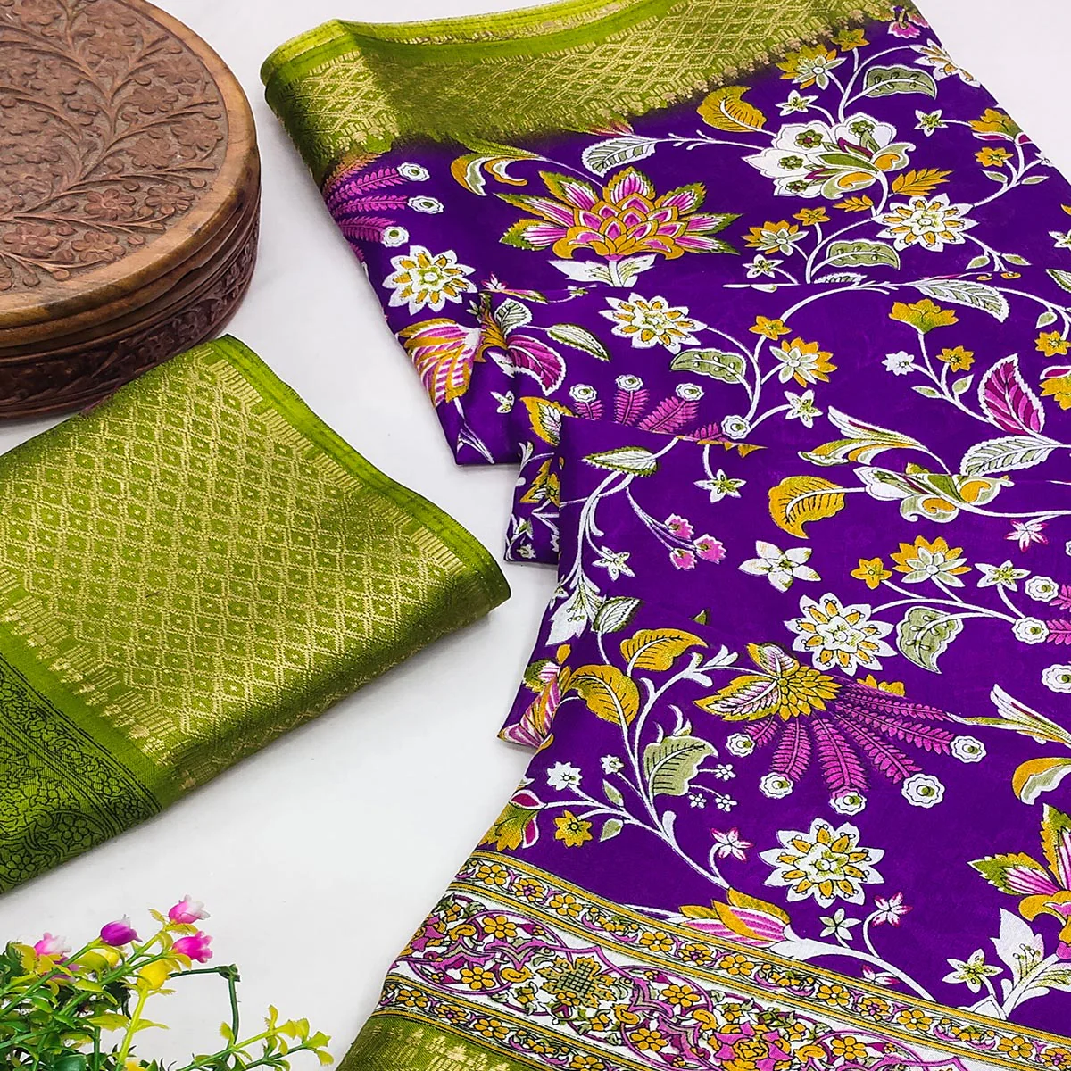 Purple Floral Printed Art Silk Saree With Woven Border - Image 2